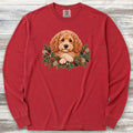 Doodle Winter Greenery Faux Embroidery Long Sleeve Tee - Red