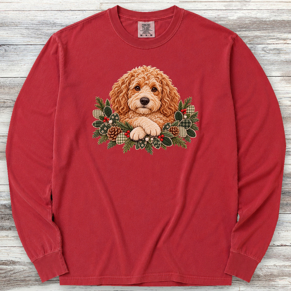Doodle Winter Greenery Faux Embroidery Long Sleeve Tee - Red