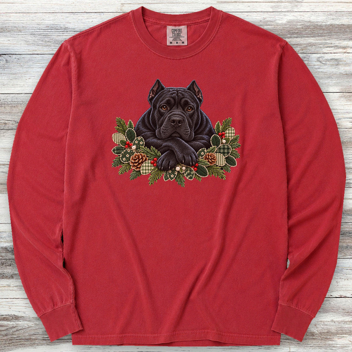 Cane Corso Black Winter Greenery Faux Embroidery Long Sleeve Tee - Red