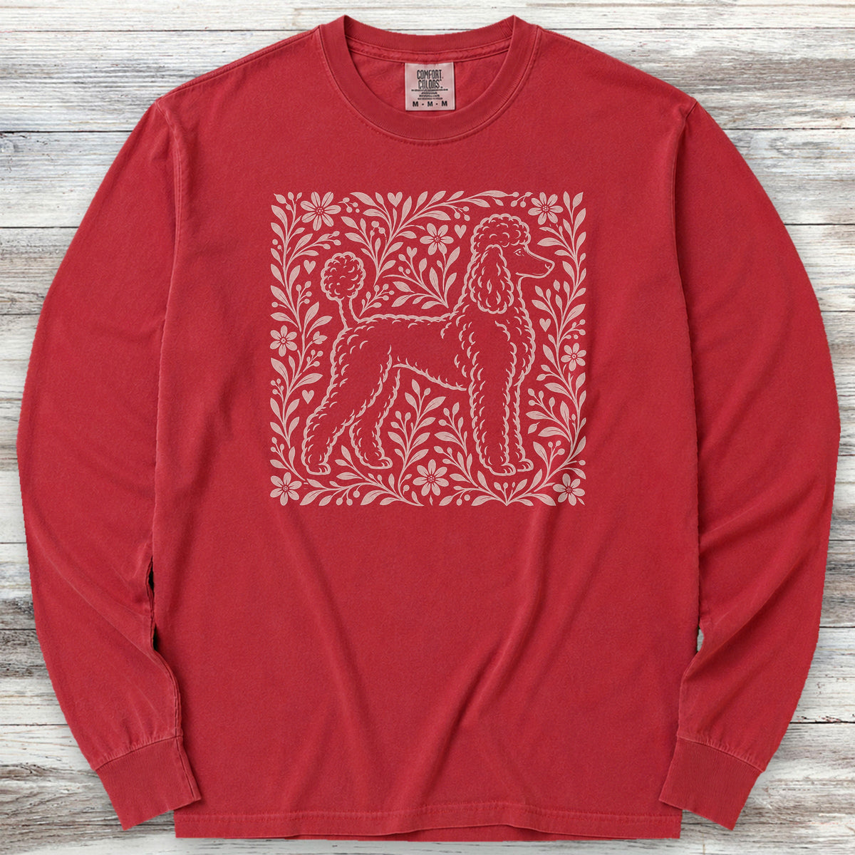 Poodle Dark Linocut Long Sleeve Tee - Red