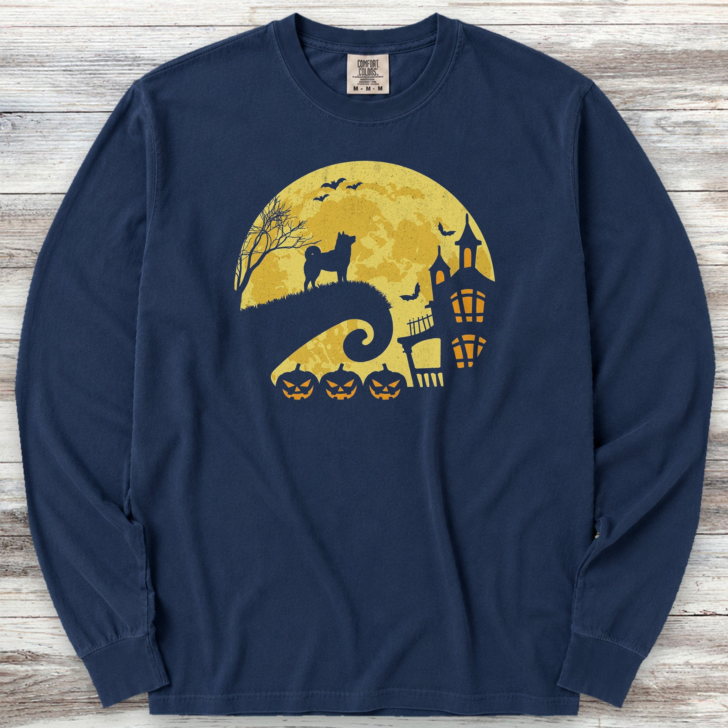Shiba Inu Halloween Moon Long Sleeve Tee - True Navy