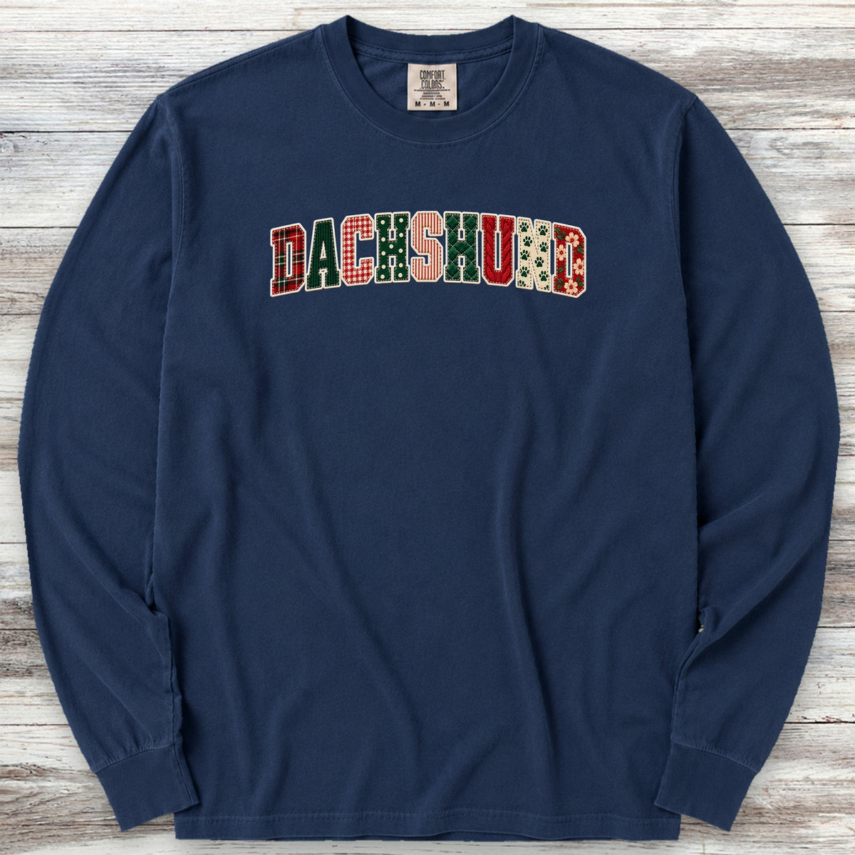 Dachshund Holiday Faux Patchwork Long Sleeve Tee - True Navy