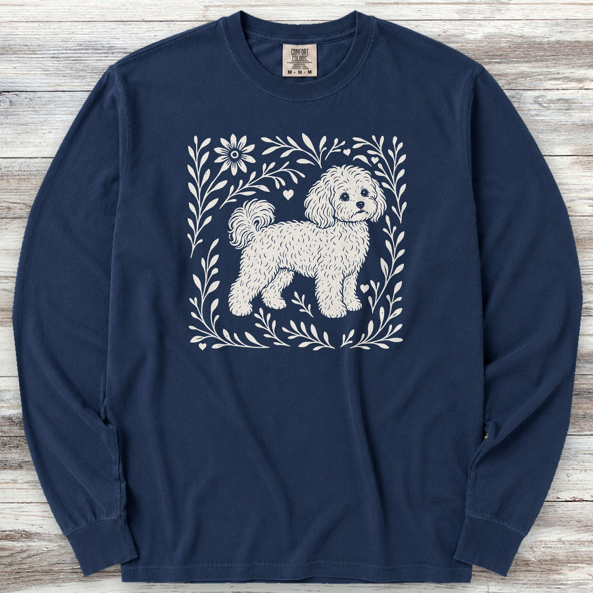 Maltipoo Linocut Long Sleeve Tee - True Navy