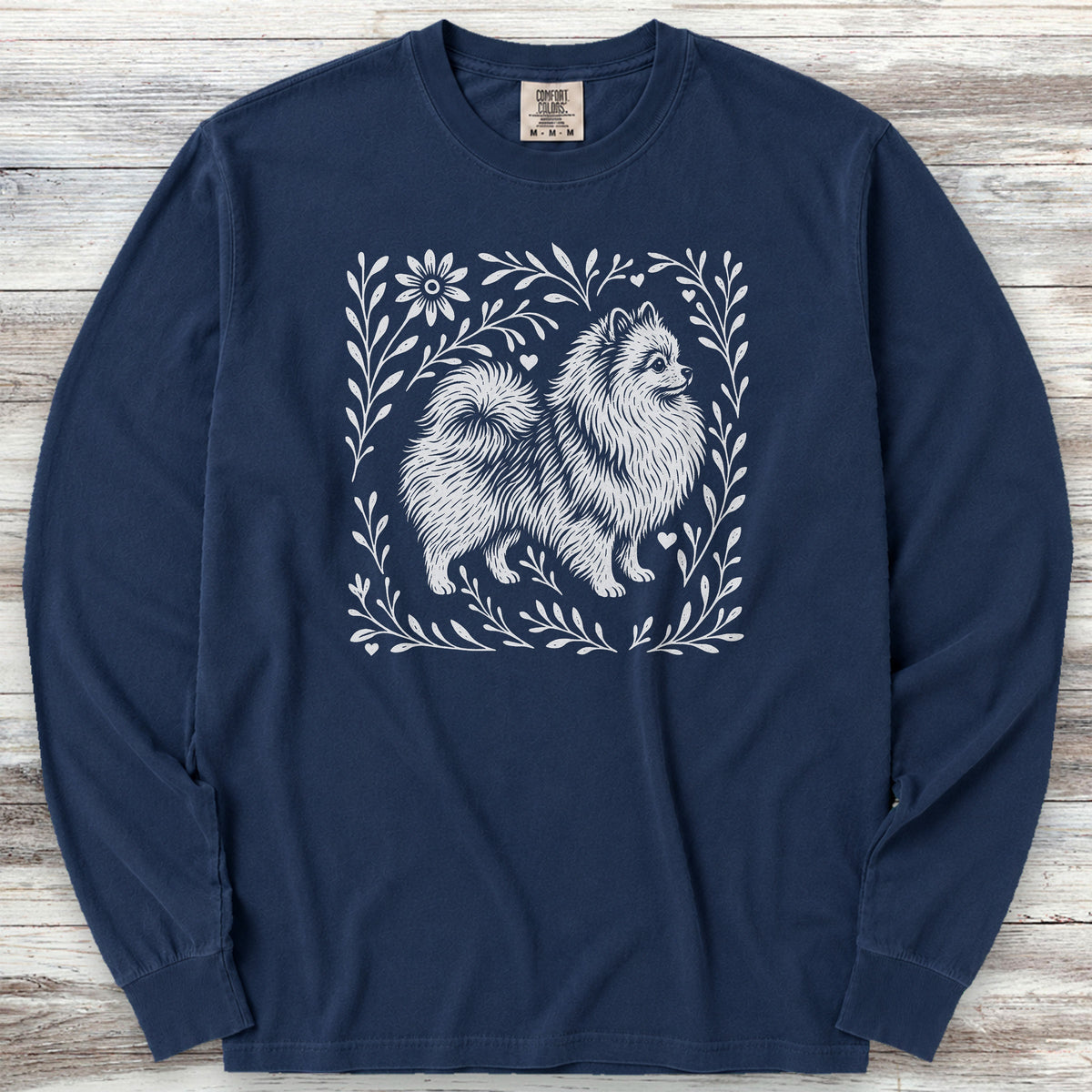 Pomeranian Linocut Long Sleeve Tee - True Navy