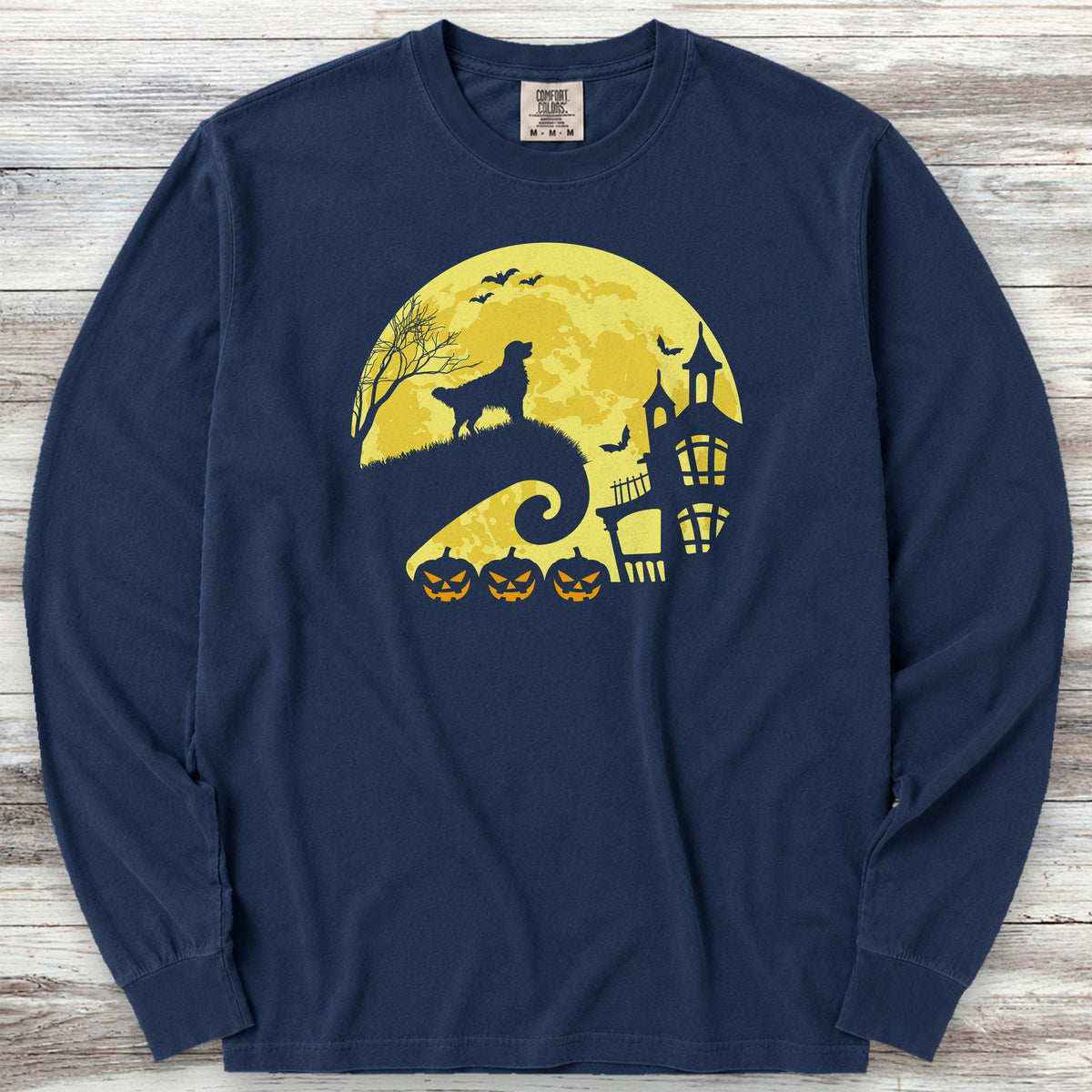 Golden Retriever Halloween Moon Long Sleeve Tee - True Navy