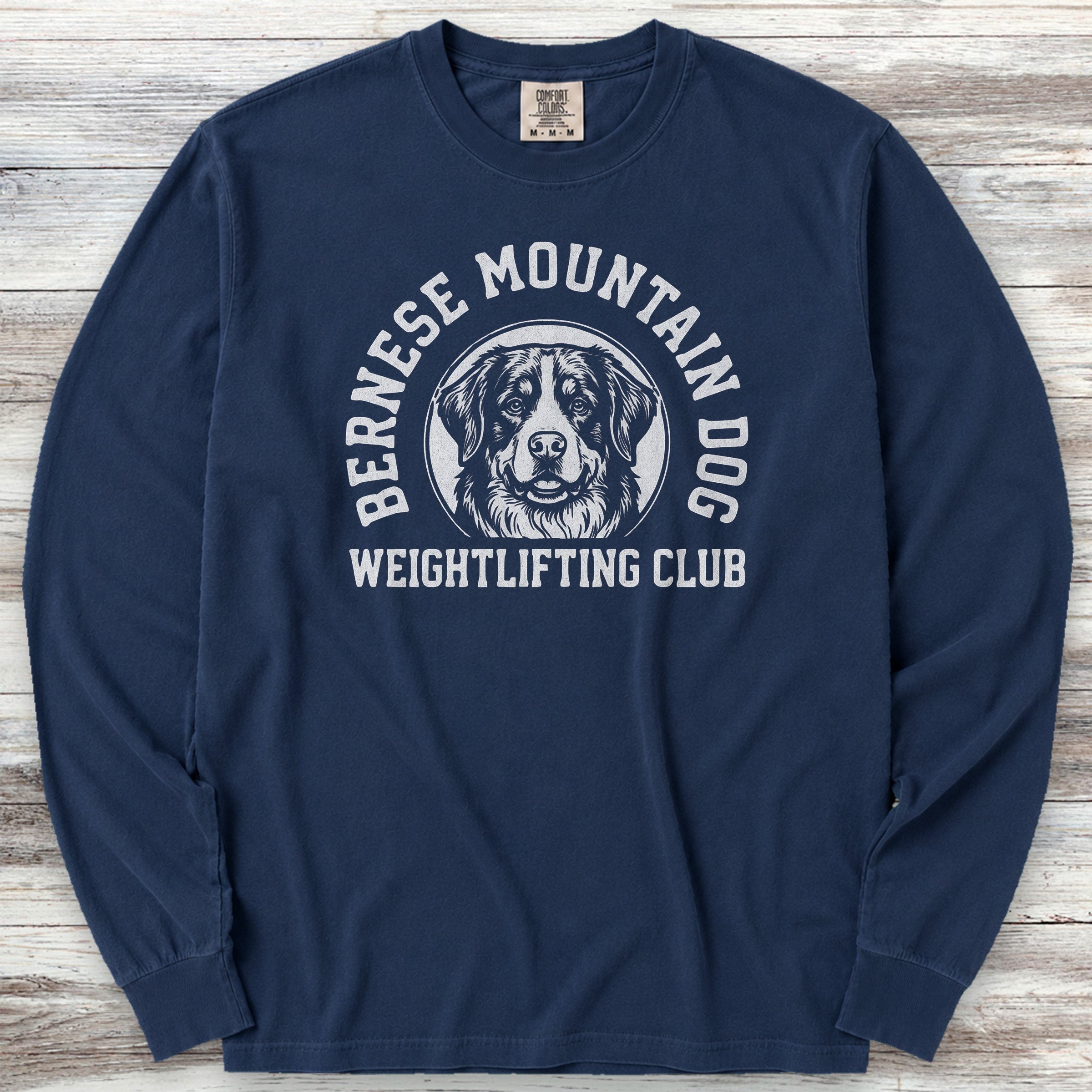 Bernese Mountain Dog Weightlifting Long Sleeve Tee - True Navy