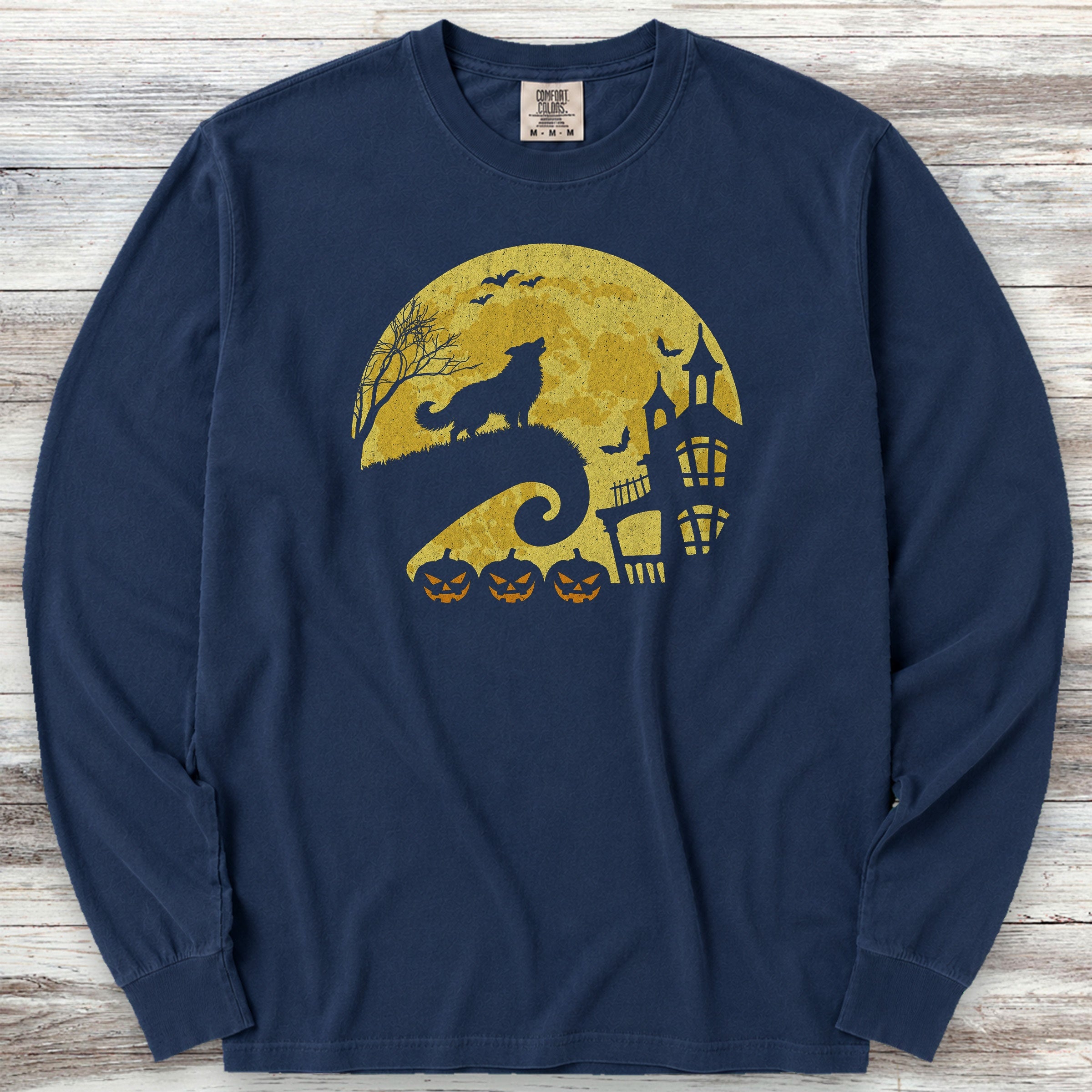 Border Collie Halloween Moon Long Sleeve Tee - True Navy
