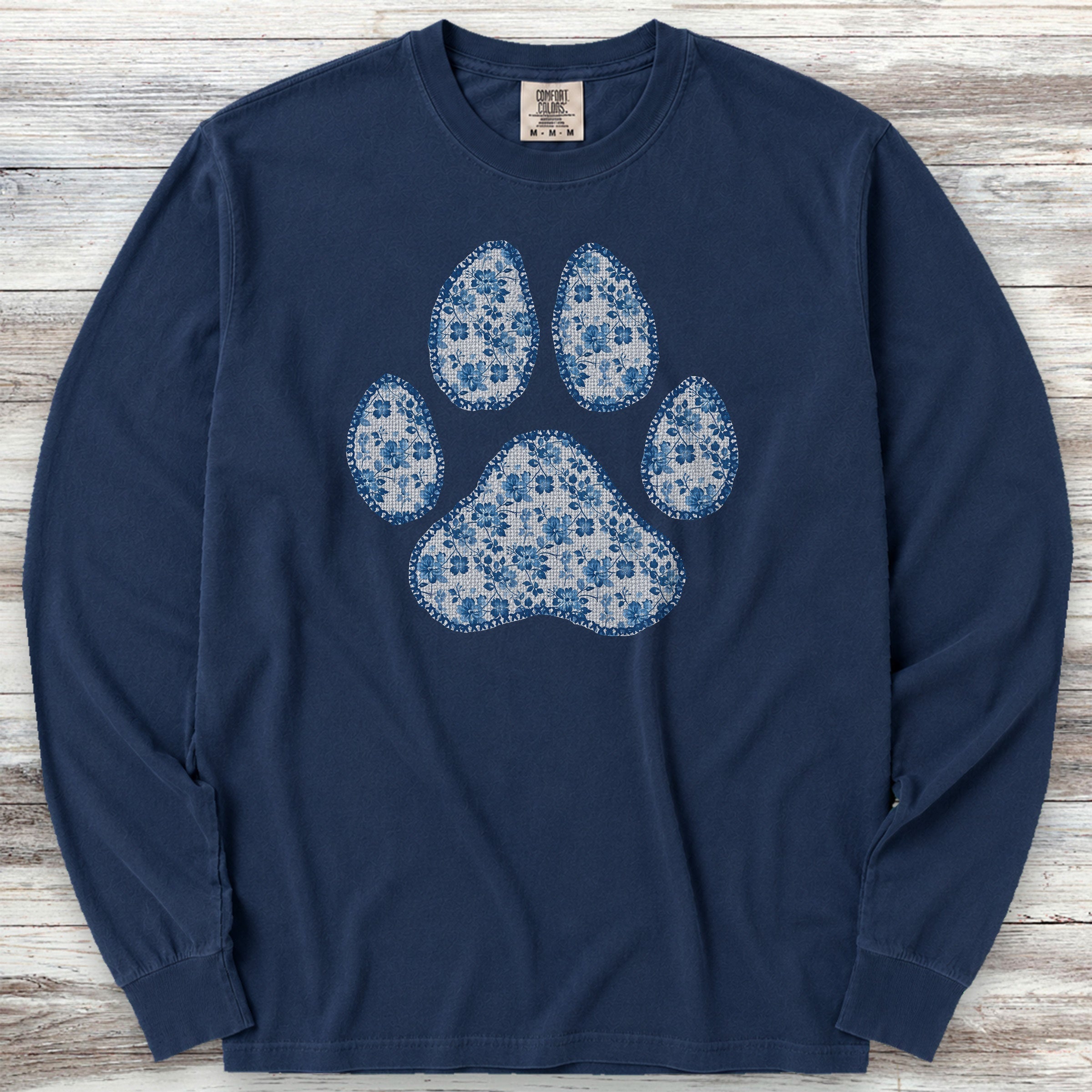 Blue Floral Paw Print Long Sleeve Tee - True Navy
