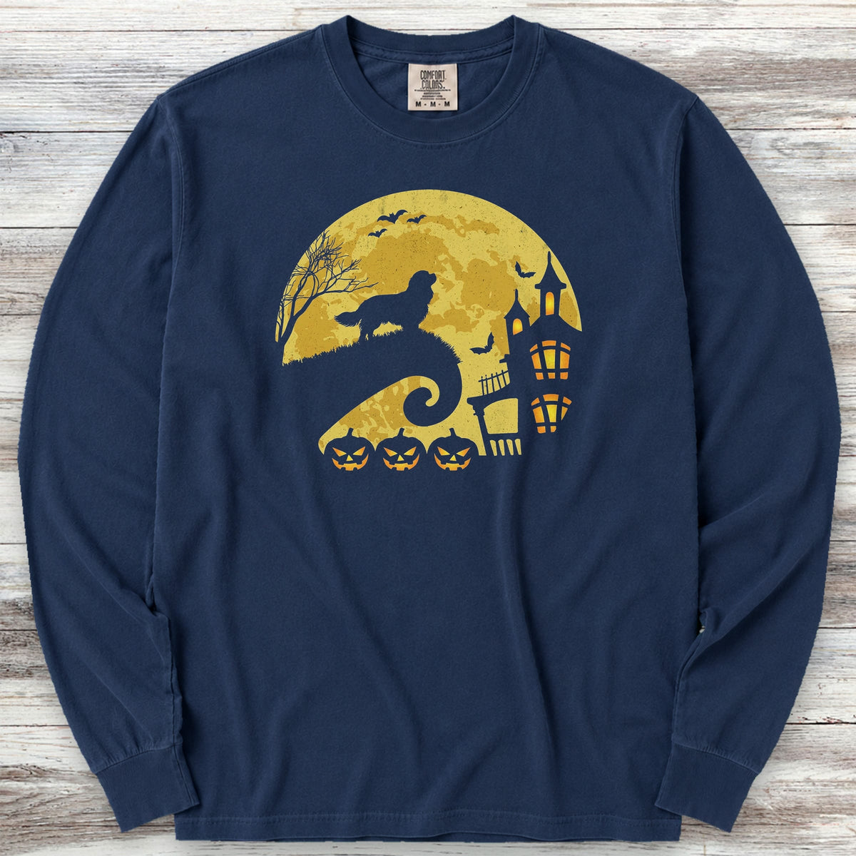 Cavalier King Charles Spaniel Halloween Moon Long Sleeve Tee - True Navy