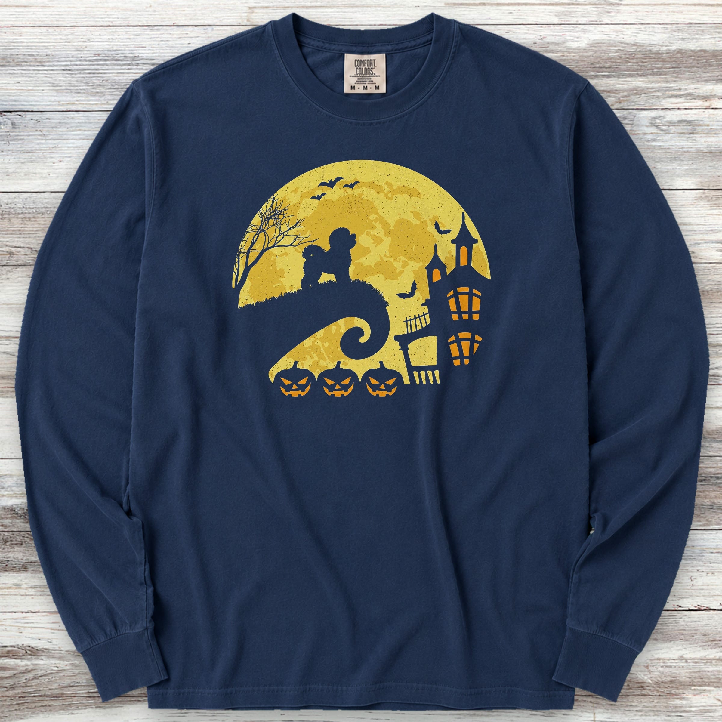 Bichon Frise Halloween Moon Long Sleeve Tee - True Navy