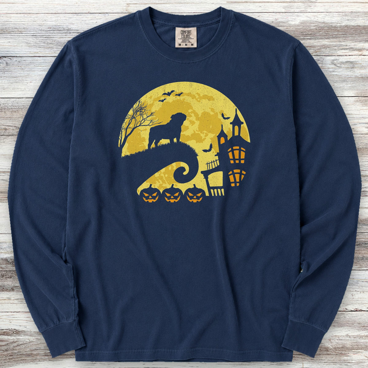 English Bulldog Halloween Moon Long Sleeve Tee - True Navy