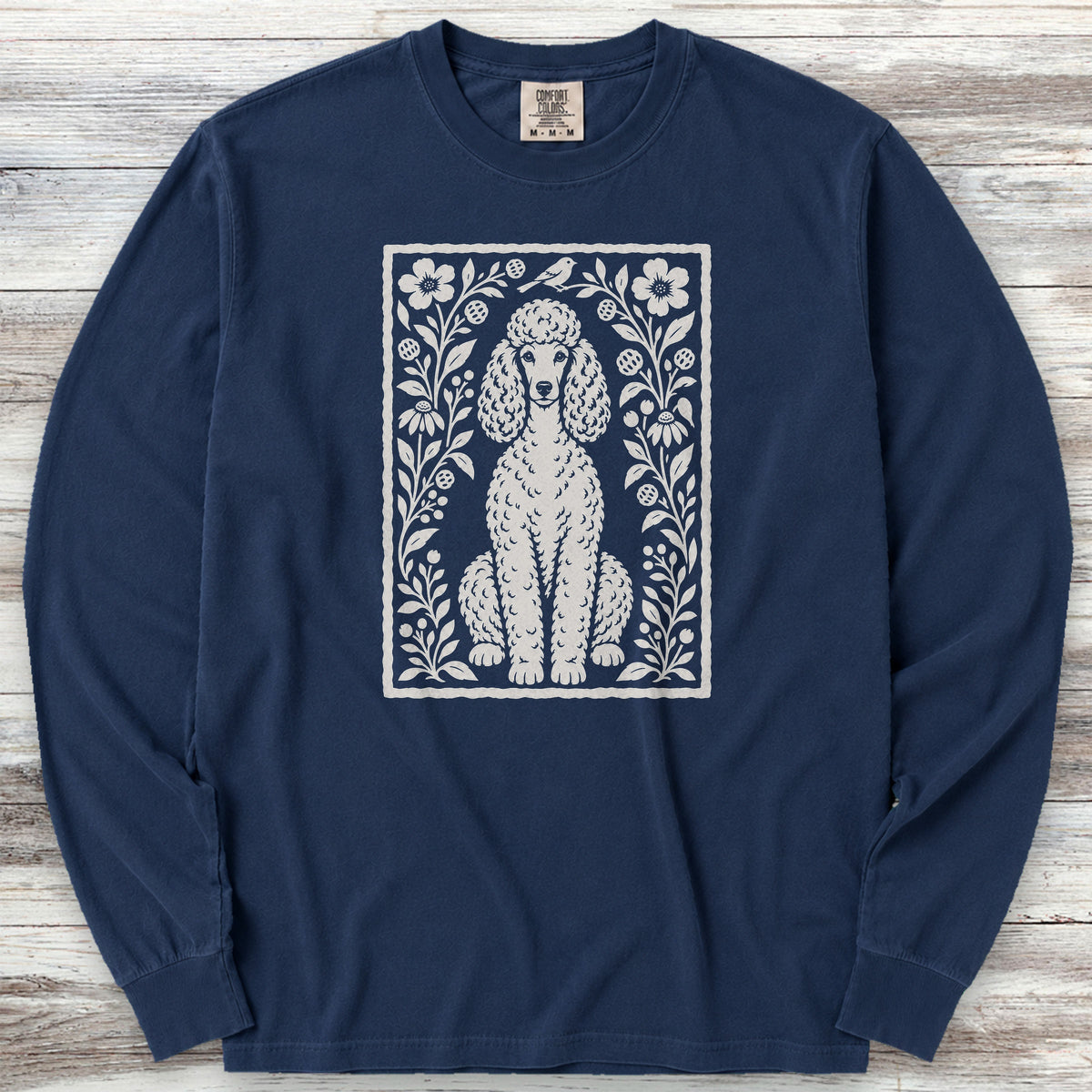 Poodle Light Folk Art Floral Long Sleeve Tee - True Navy