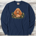 Poodle Apricot Winter Greenery Faux Embroidery Long Sleeve Tee - True Navy