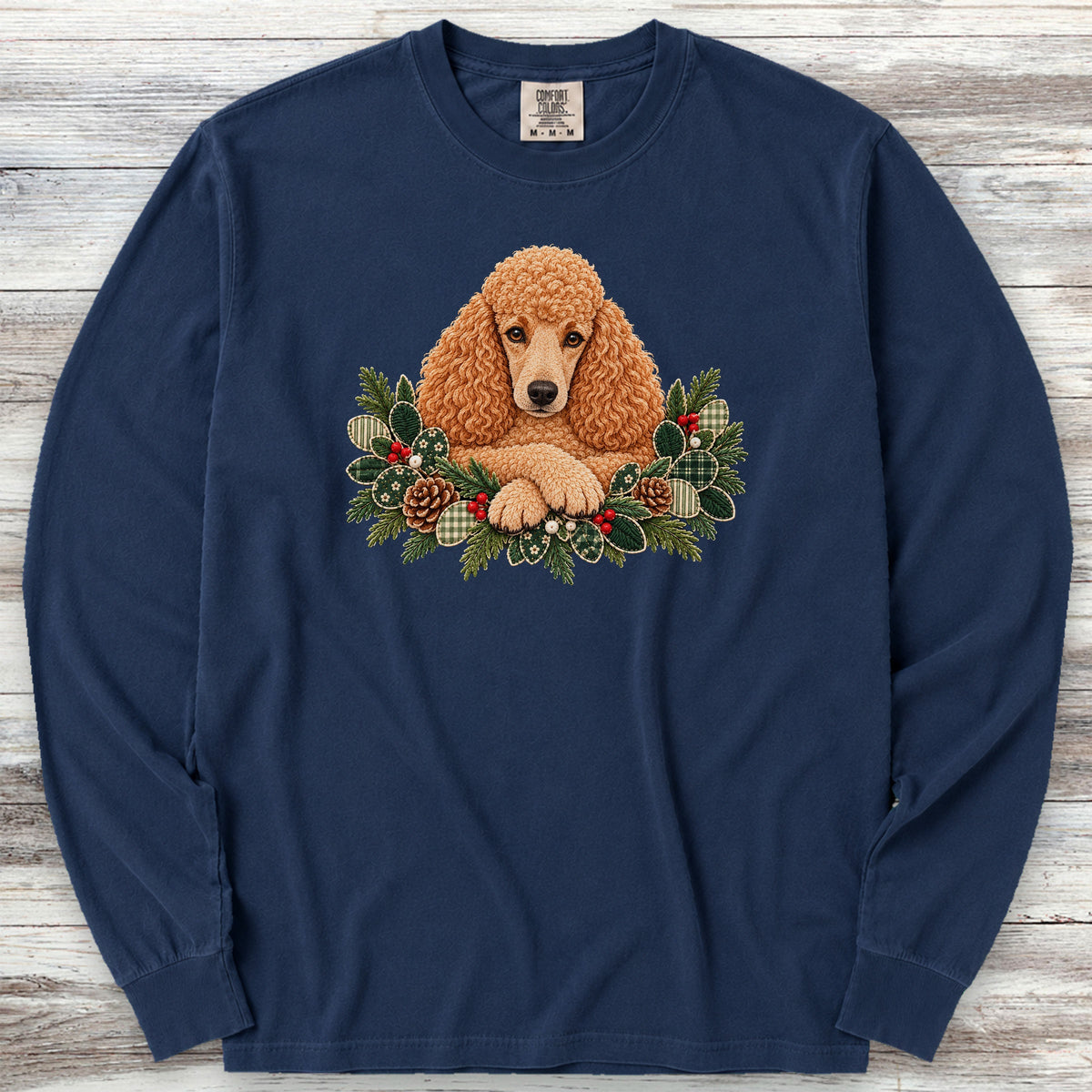 Poodle Apricot Winter Greenery Faux Embroidery Long Sleeve Tee - True Navy
