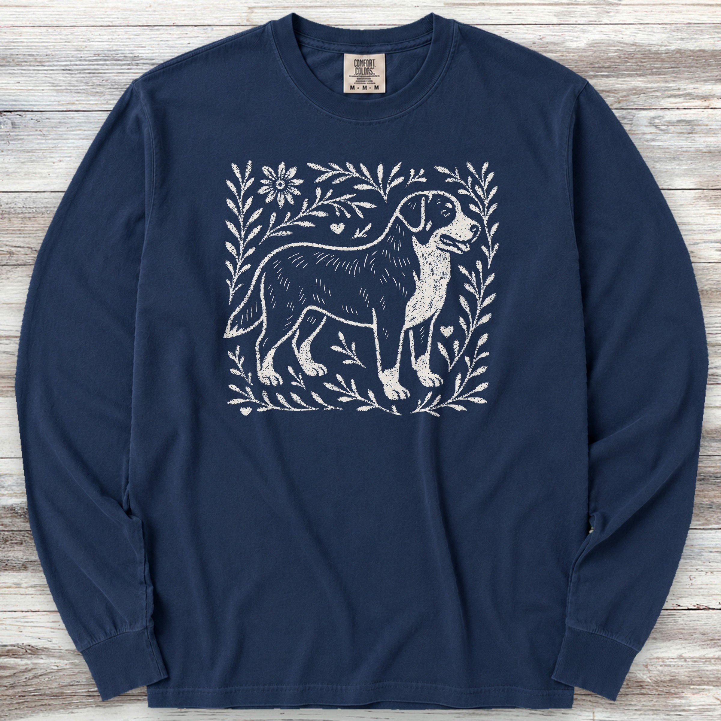 Swiss Mountain Dog Linocut Long Sleeve Tee - True Navy