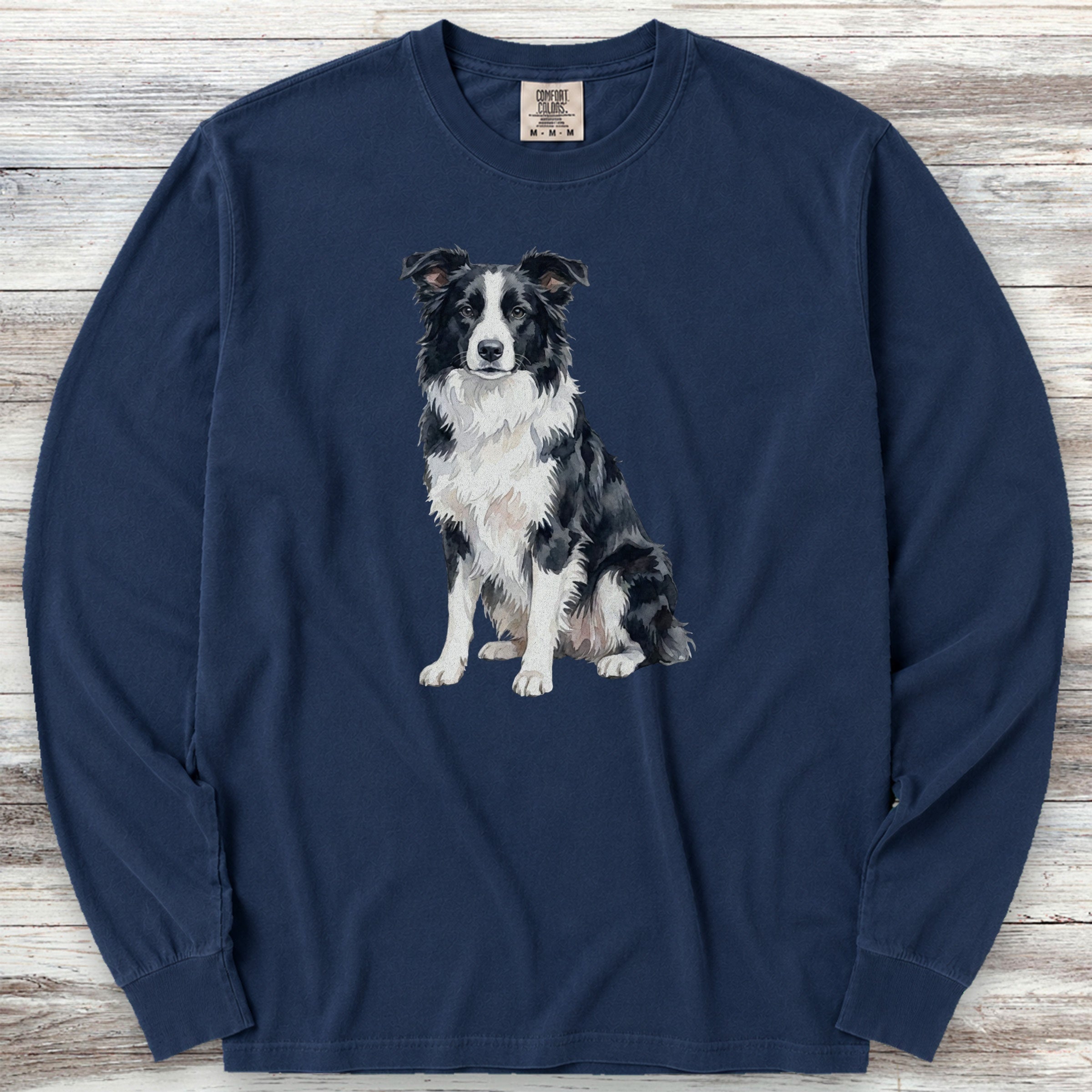 Border Collie Watercolor Long Sleeve Tee - True Navy