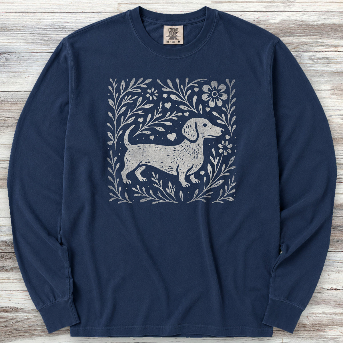 Dachshund Linocut Long Sleeve Tee - True Navy