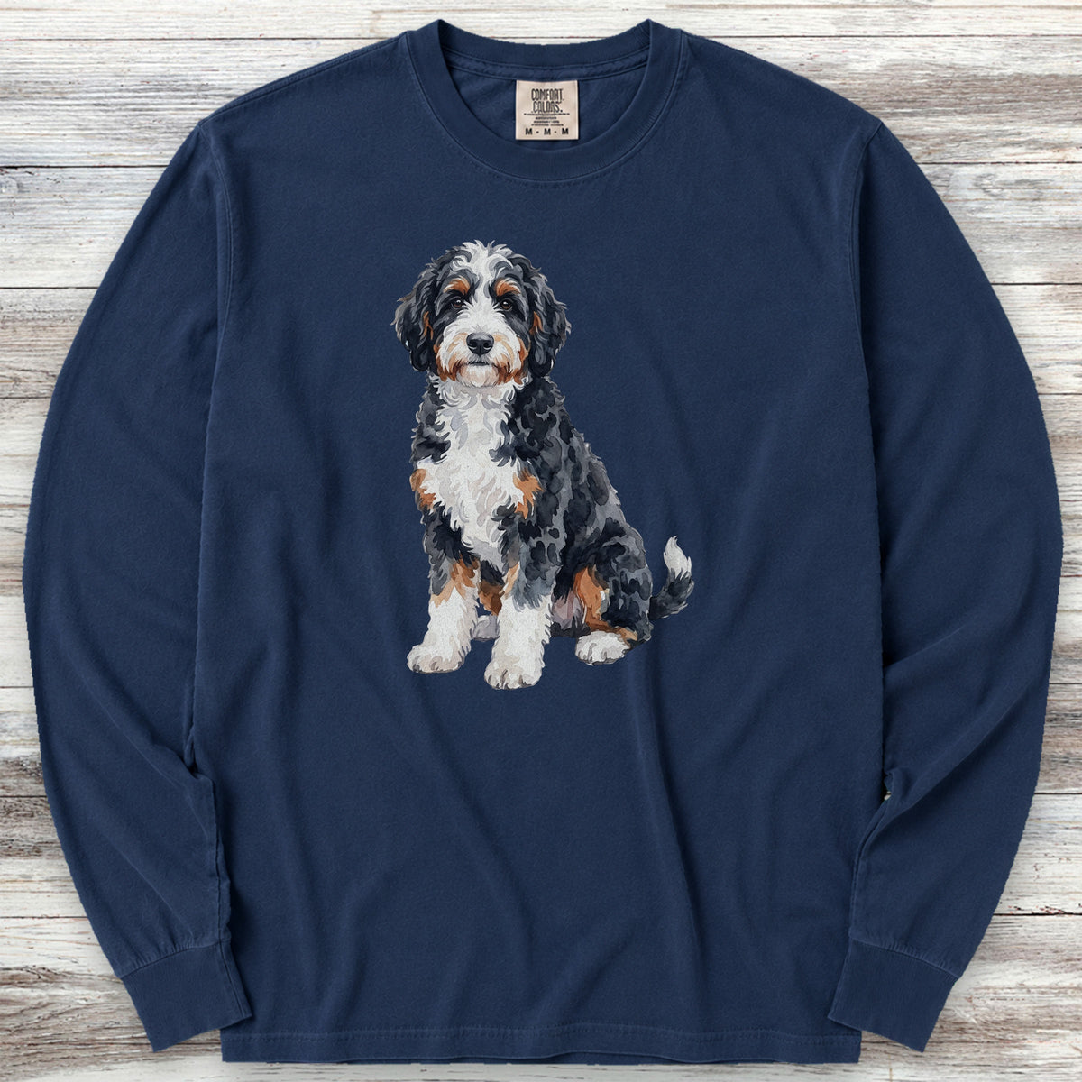 Bernedoodle Watercolor Long Sleeve Tee - True Navy