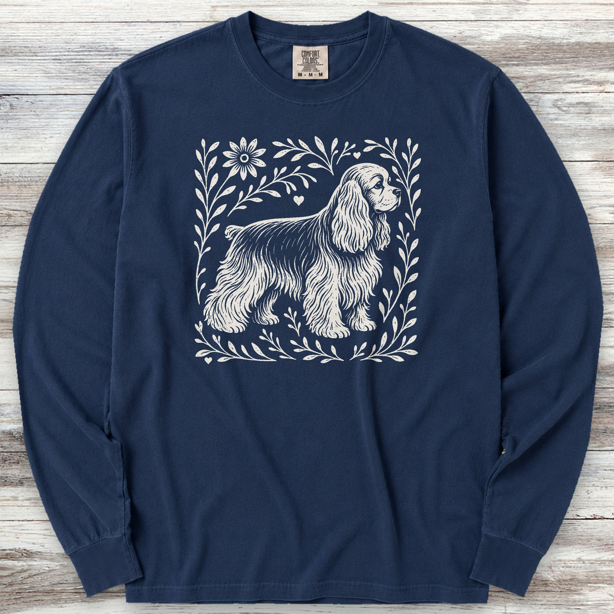 Cocker Spaniel Linocut Long Sleeve Tee - True Navy