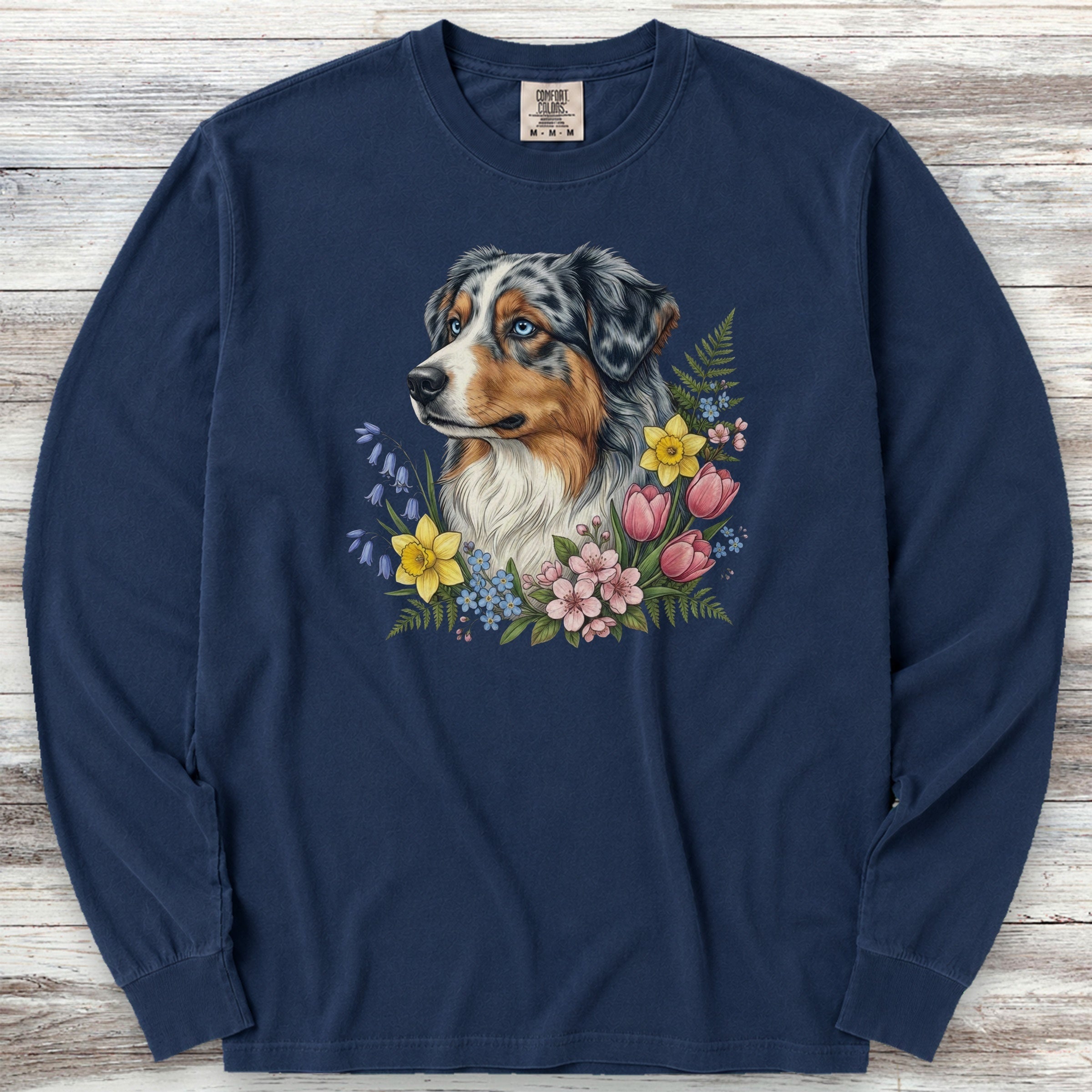 Australian Shepherd Merle Blue Eyes Portrait Long Sleeve Tee - True Navy