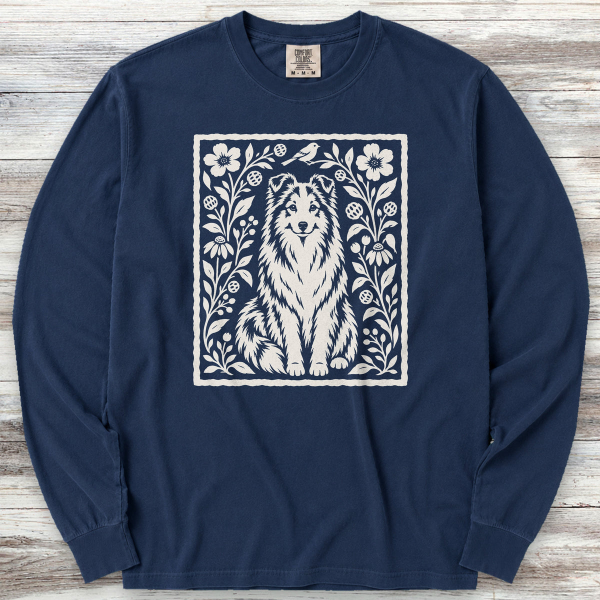 Shetland Sheepdog Folk Art Floral Long Sleeve Tee - True Navy