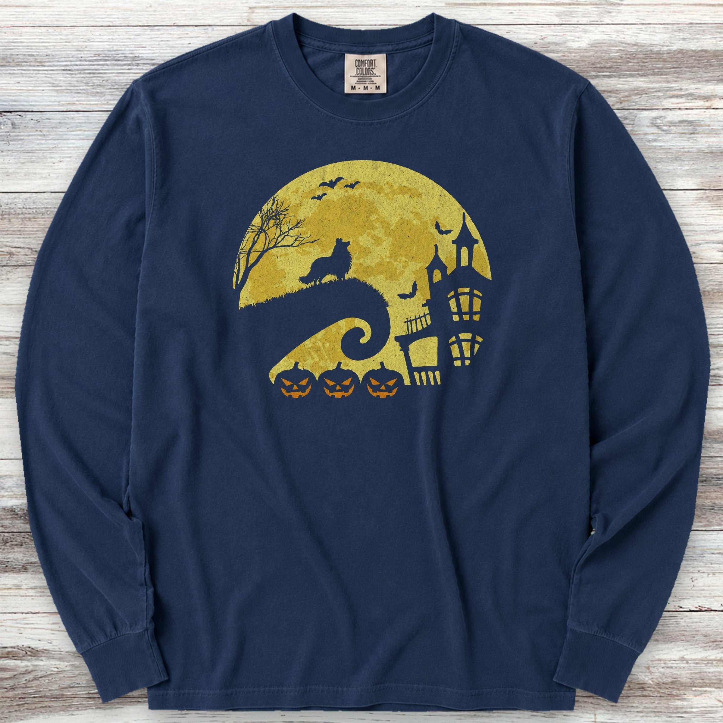 Shetland Sheepdog Halloween Moon Long Sleeve Tee - True Navy