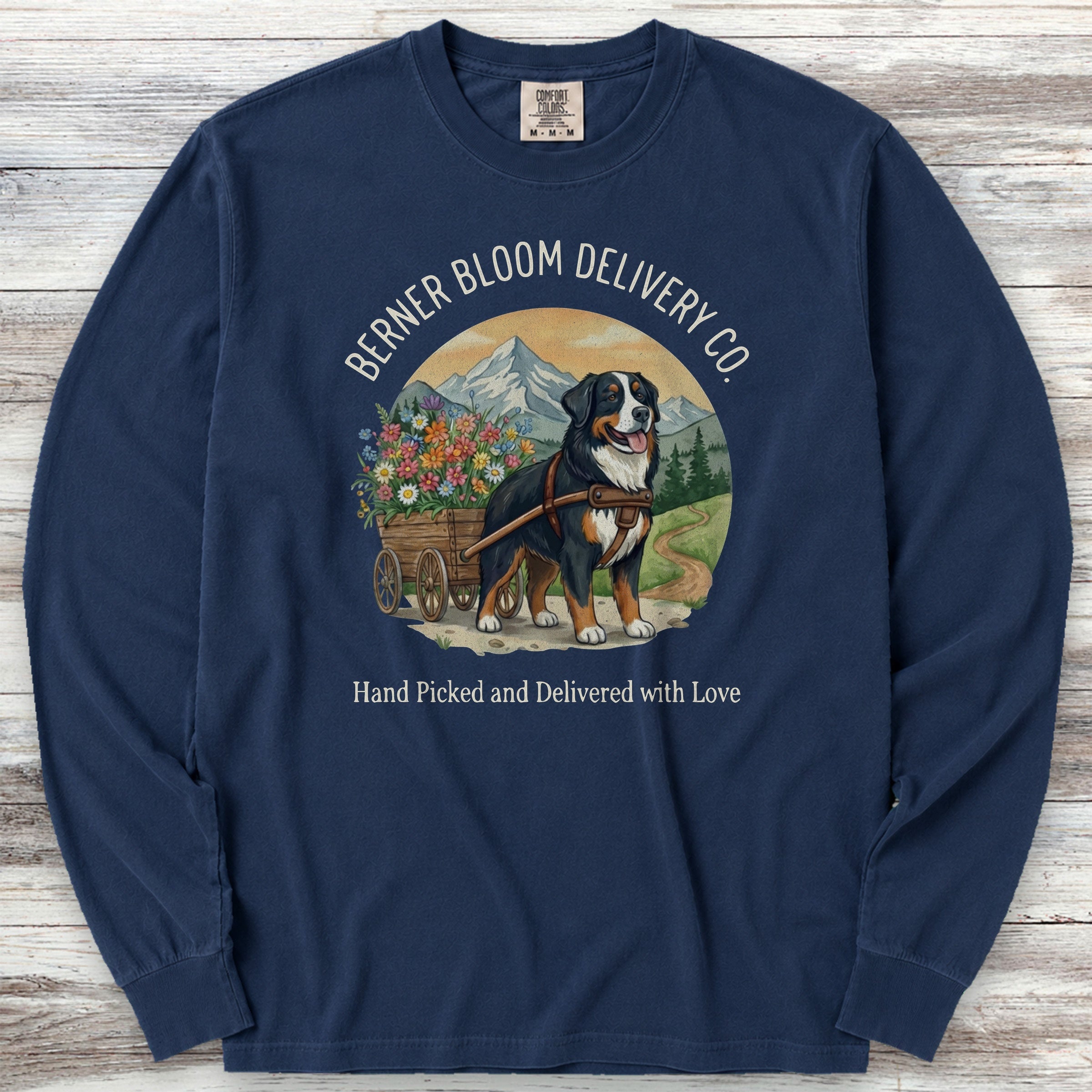 Bernese Mountain Dog Bloom Delivery Long Sleeve Tee - True Navy