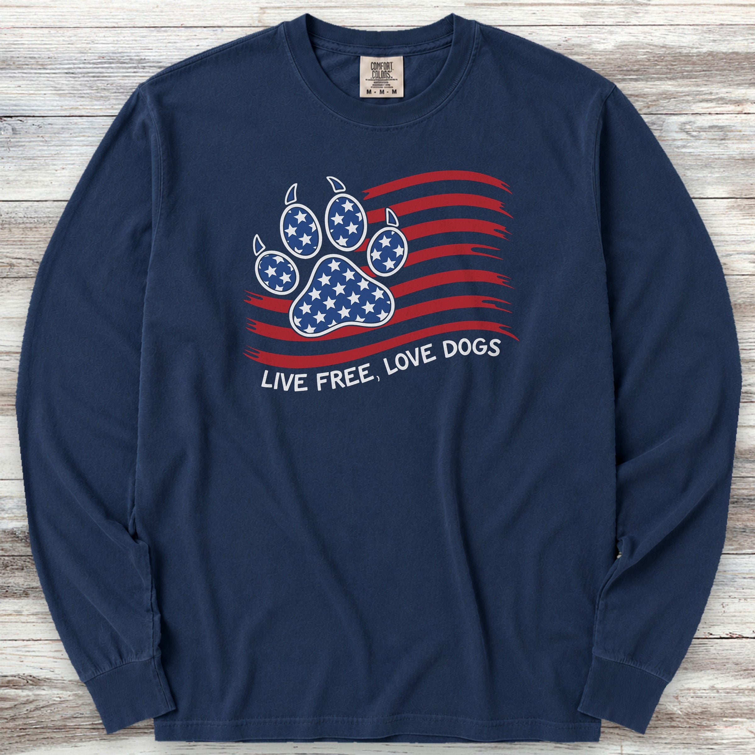 Live Free Love Dogs Flag Long Sleeve Tee - True Navy