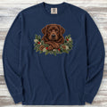 Labrador Retriever Chocolate Winter Greenery Faux Embroidery Long Sleeve Tee - True Navy