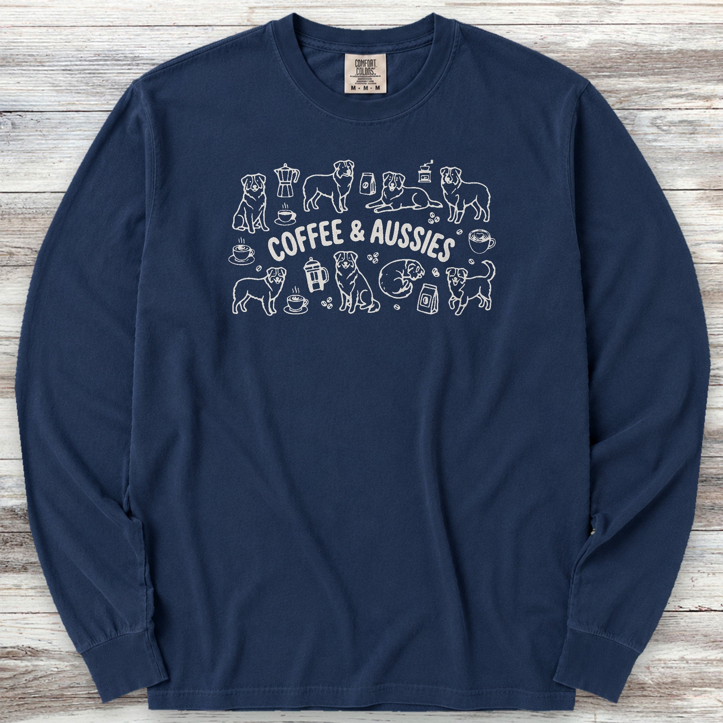 Australian Shepherd Coffee Doodles Long Sleeve Tee - True Navy