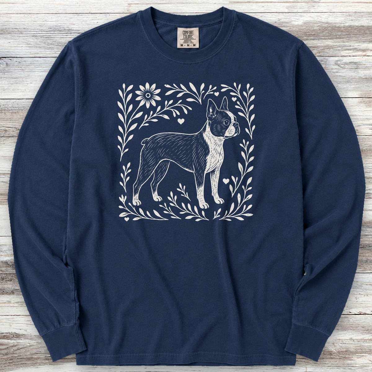 Boston Terrier Linocut Long Sleeve Tee - True Navy