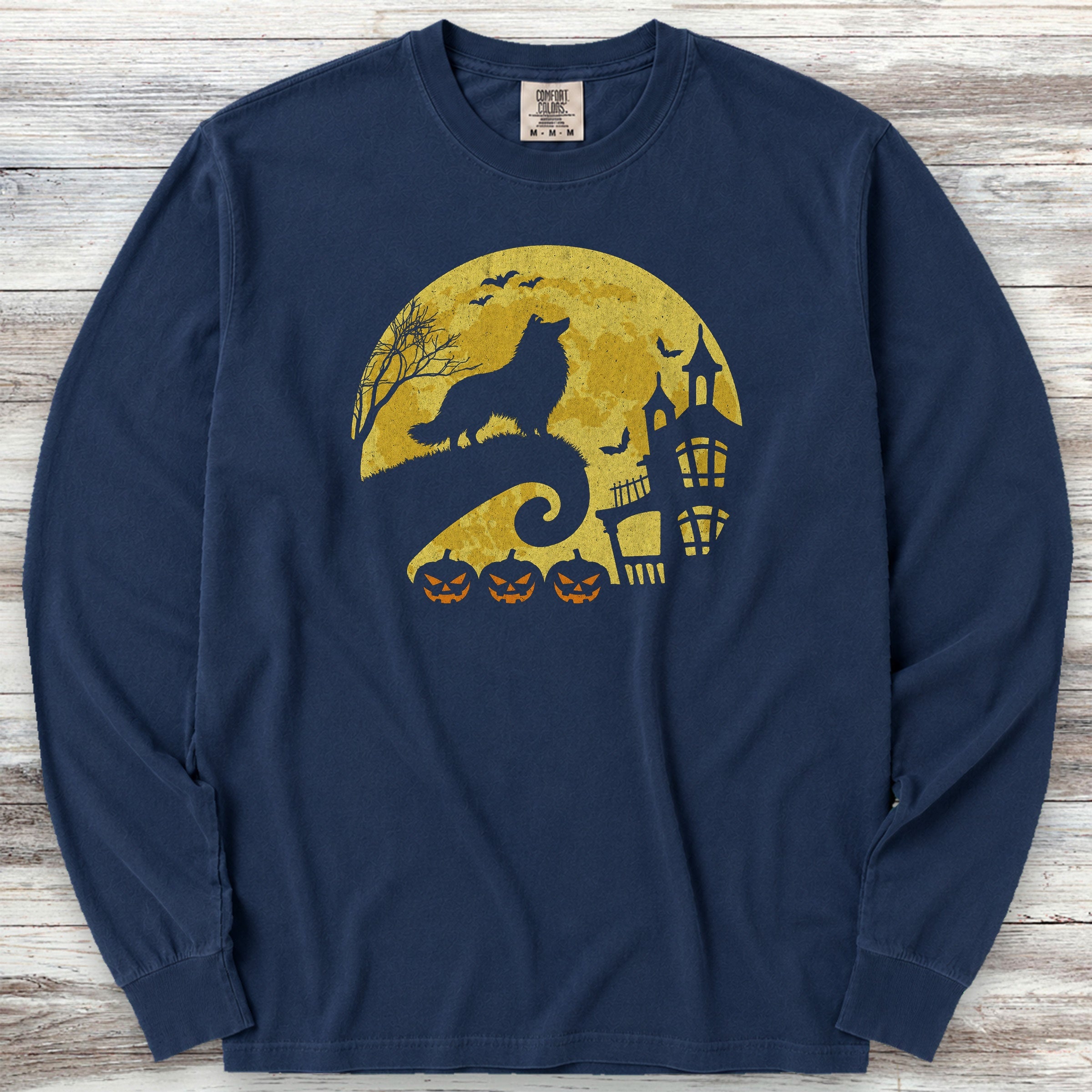 Rough Collie Halloween Moon Long Sleeve Tee - True Navy