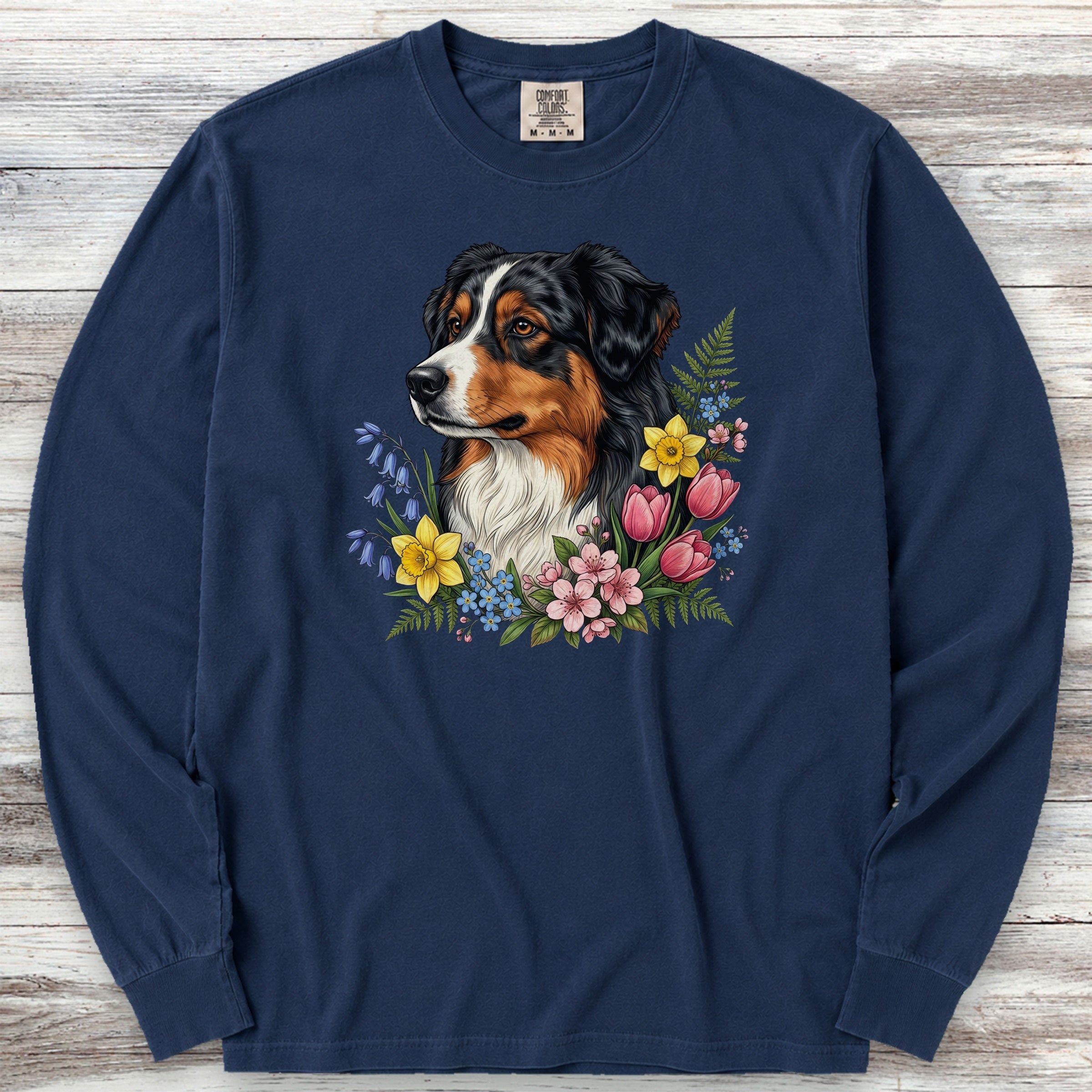Australian Shepherd Tri Portrait Long Sleeve Tee - True Navy