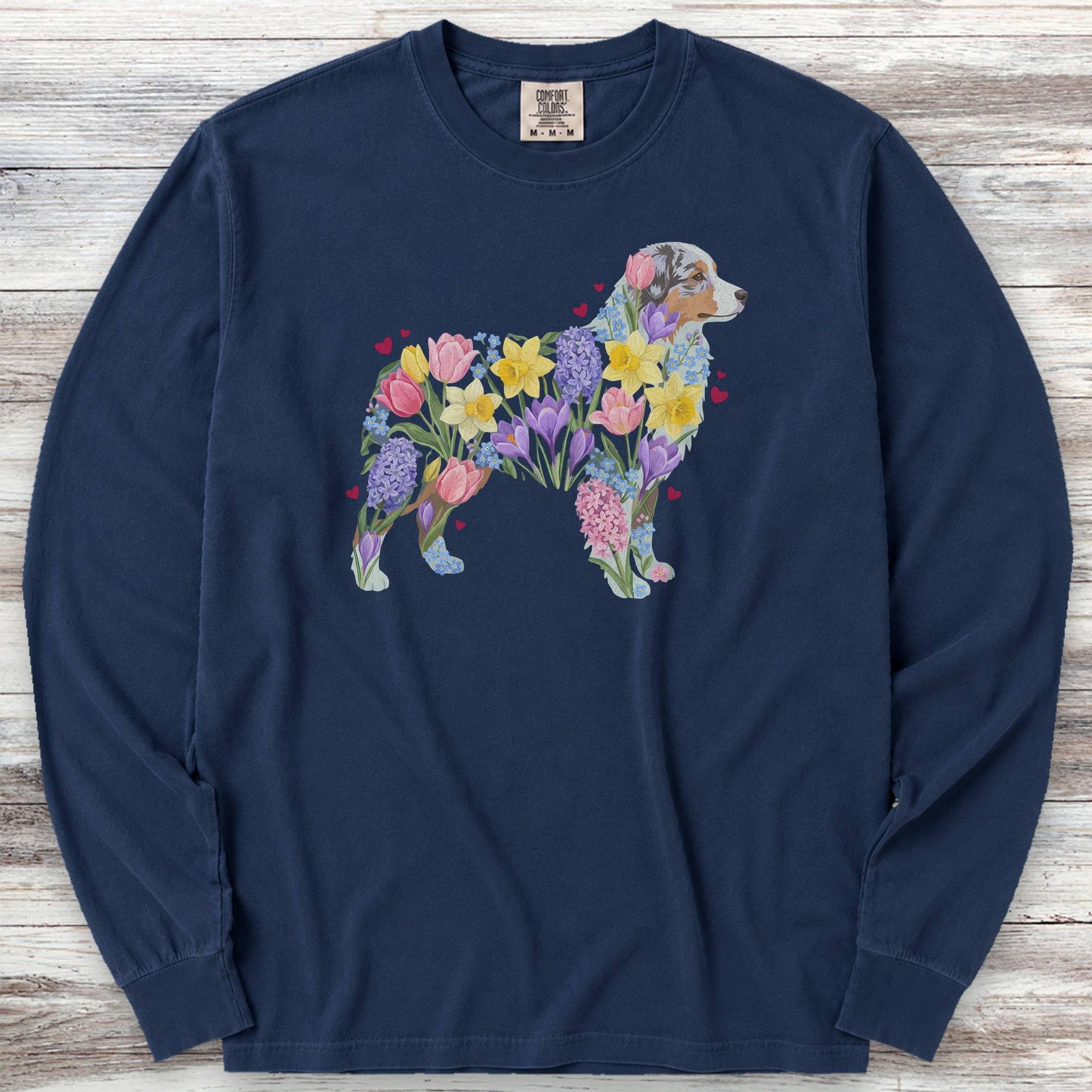 Australian Shepherd Spring Floral Silhouette Long Sleeve Tee - True Navy
