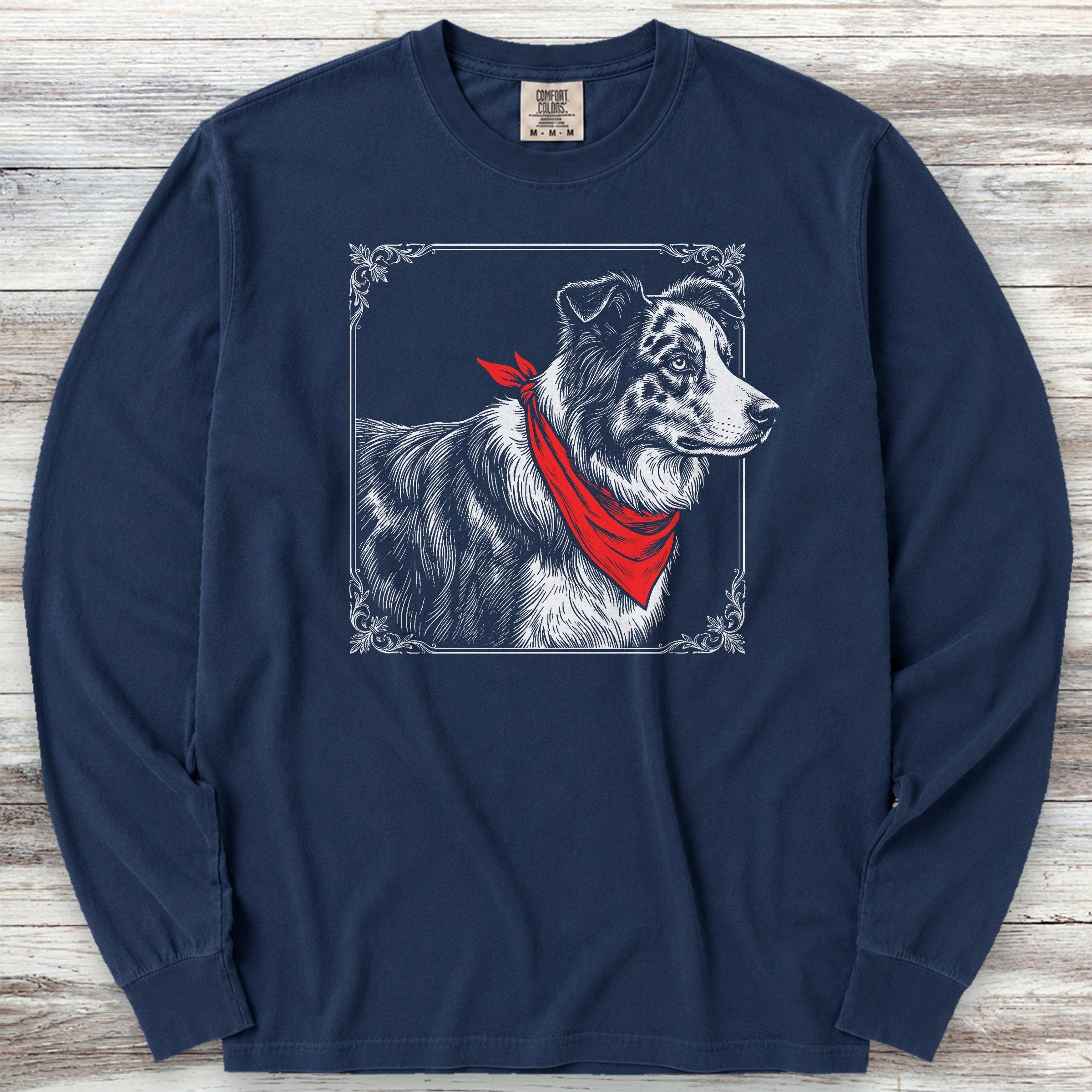 Australian Shepherd Etching Long Sleeve Tee - True Navy