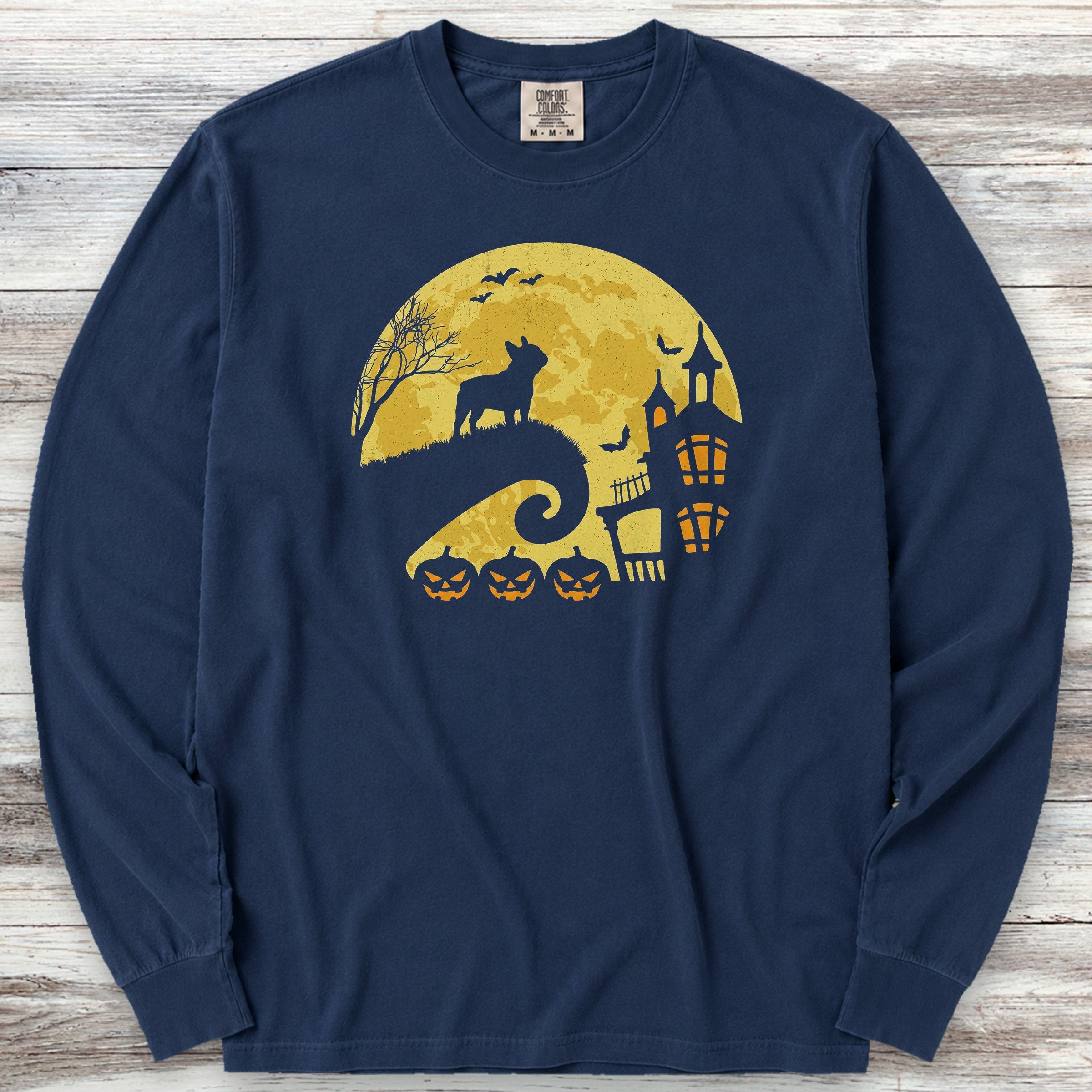 French Bulldog Halloween Moon Long Sleeve Tee - True Navy