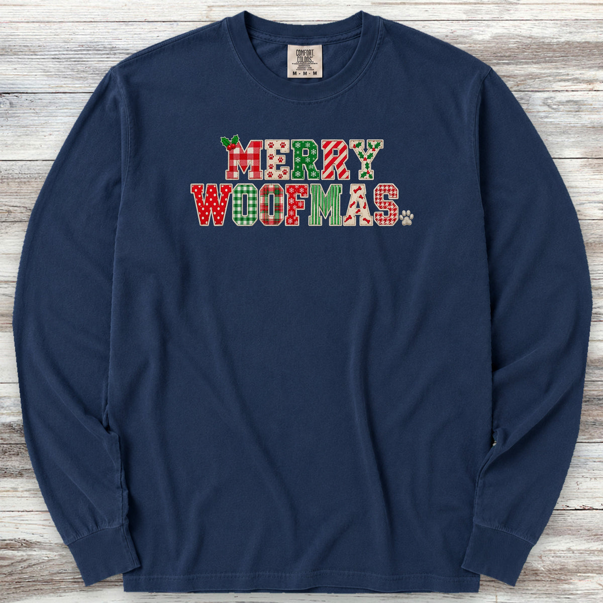 Merry Woofmas Faux Patchwork Long Sleeve Tee - True Navy
