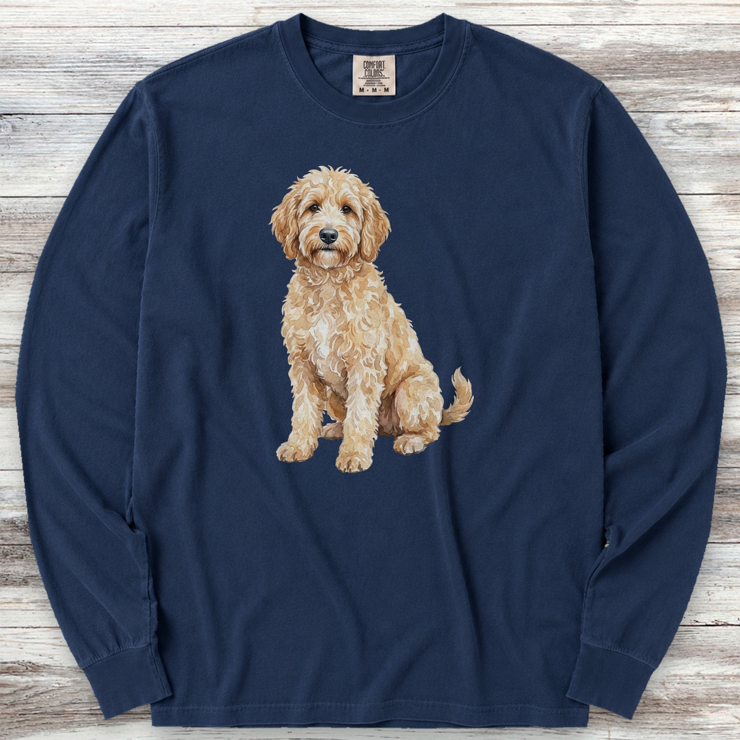 Goldendoodle Watercolor Long Sleeve Tee - True Navy