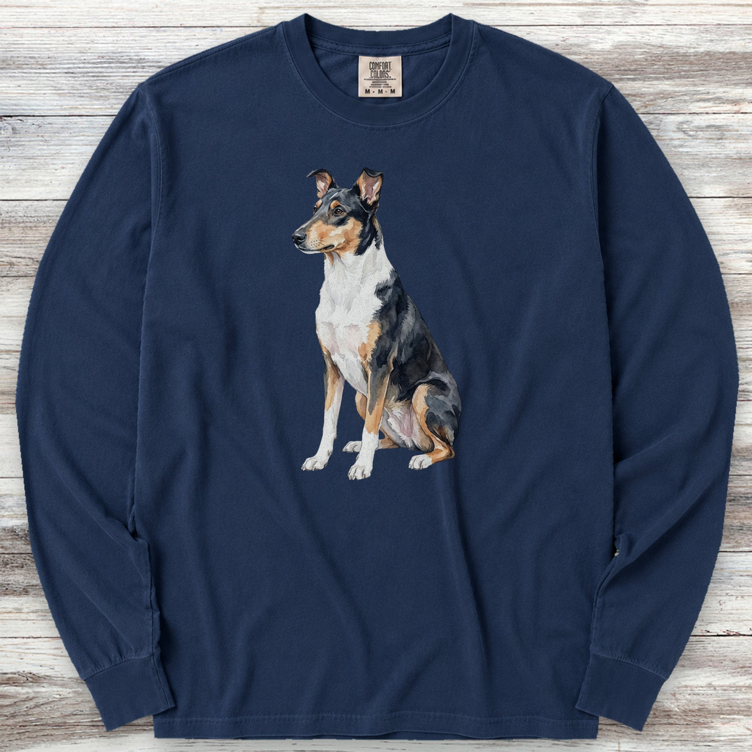 Smooth Collie Watercolor Long Sleeve Tee - True Navy