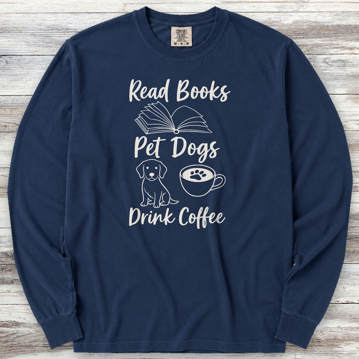 Books Dogs Coffee Long Sleeve Tee - True Navy