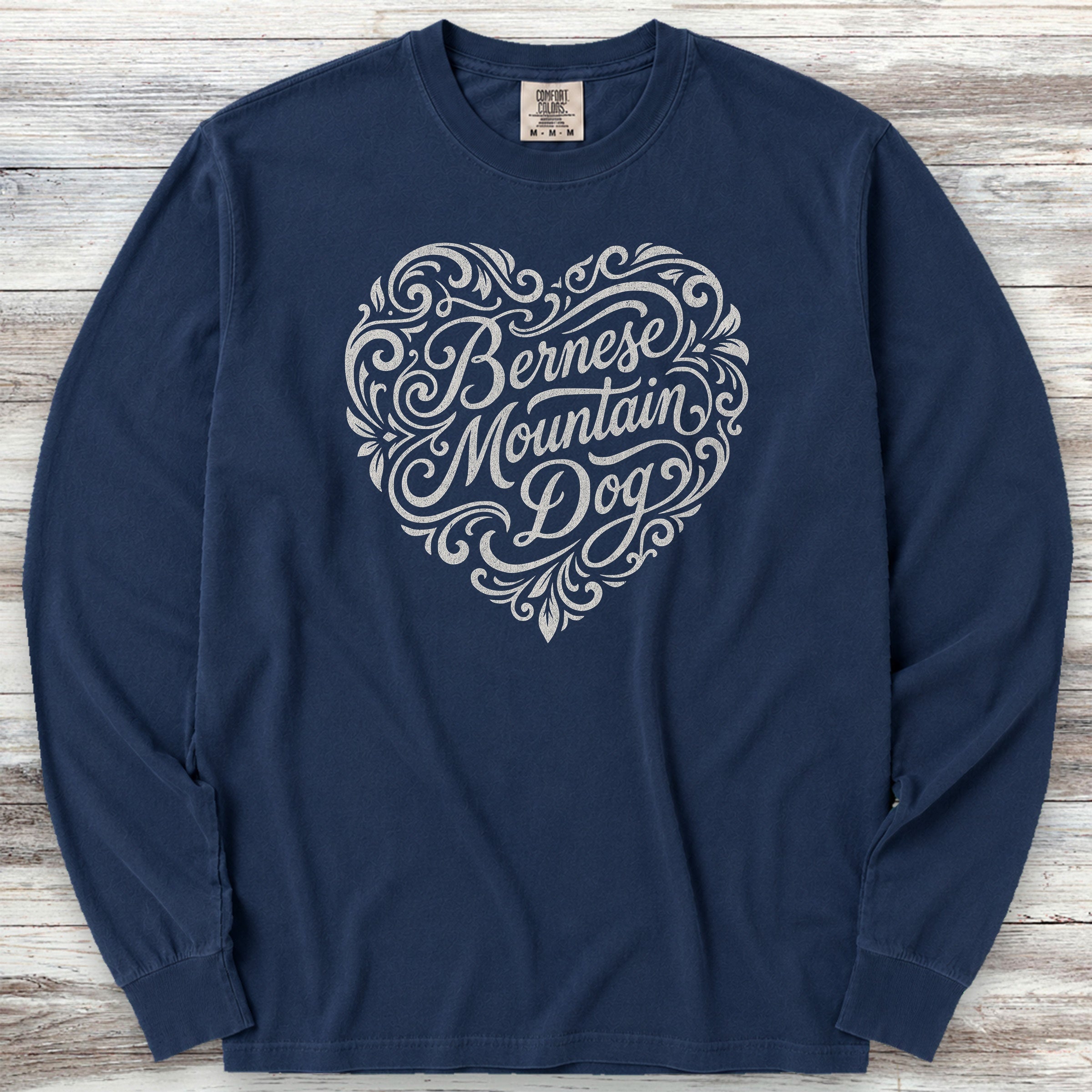 Bernese Mountain Dog Heart Script Long Sleeve Tee - True Navy