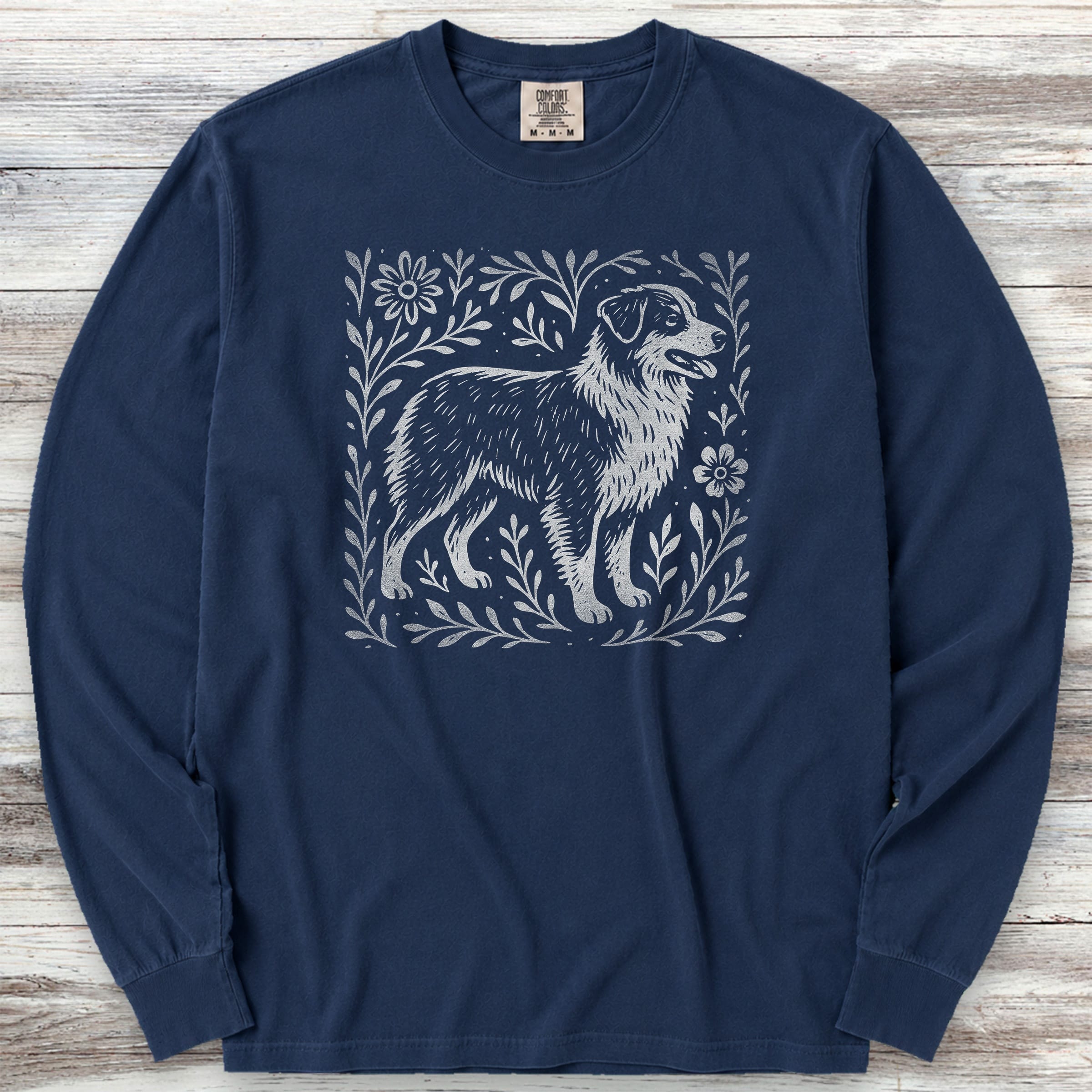 Australian Shepherd Linocut Long Sleeve Tee - True Navy