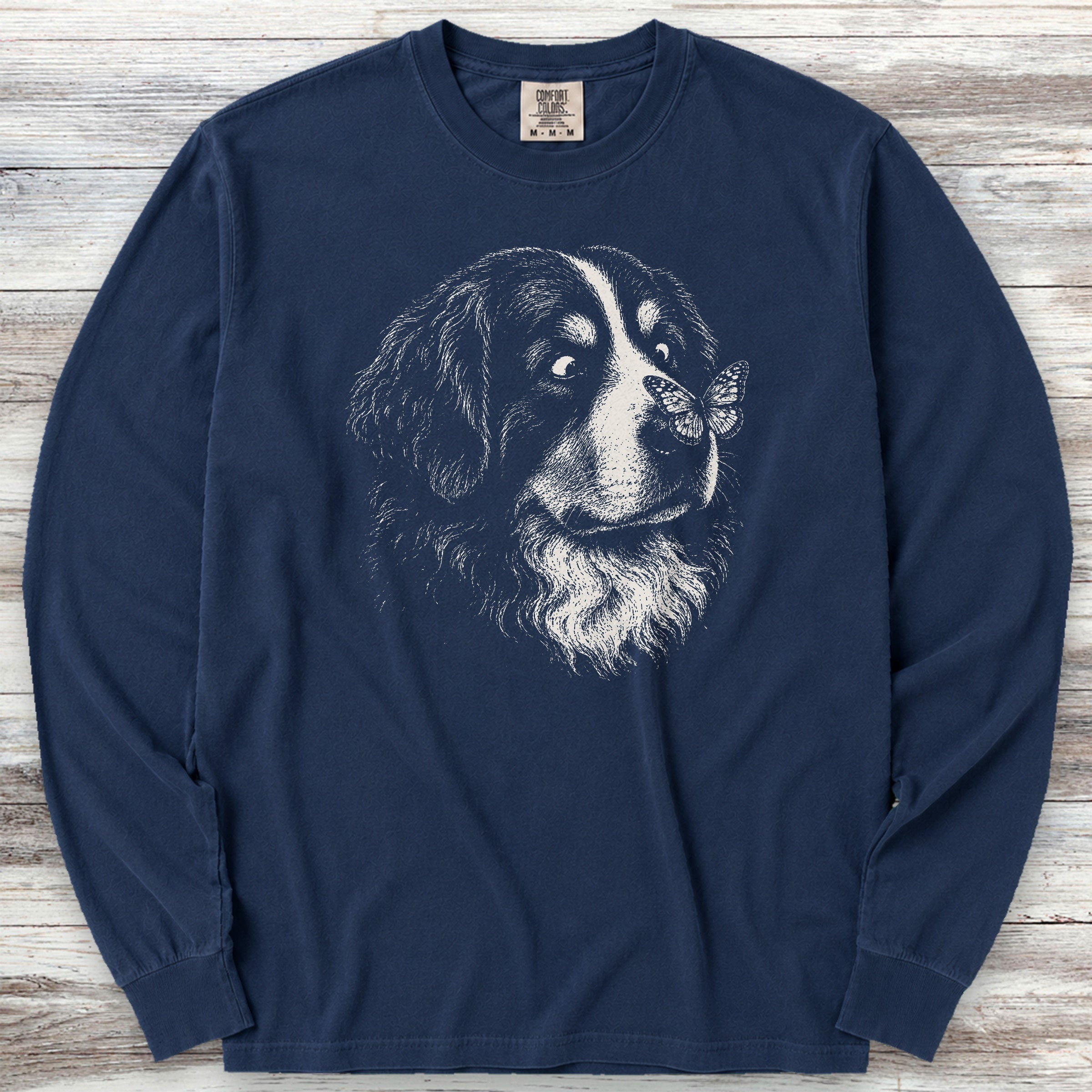 Bernese Mountain Dog Butterfly Long Sleeve Tee - True Navy