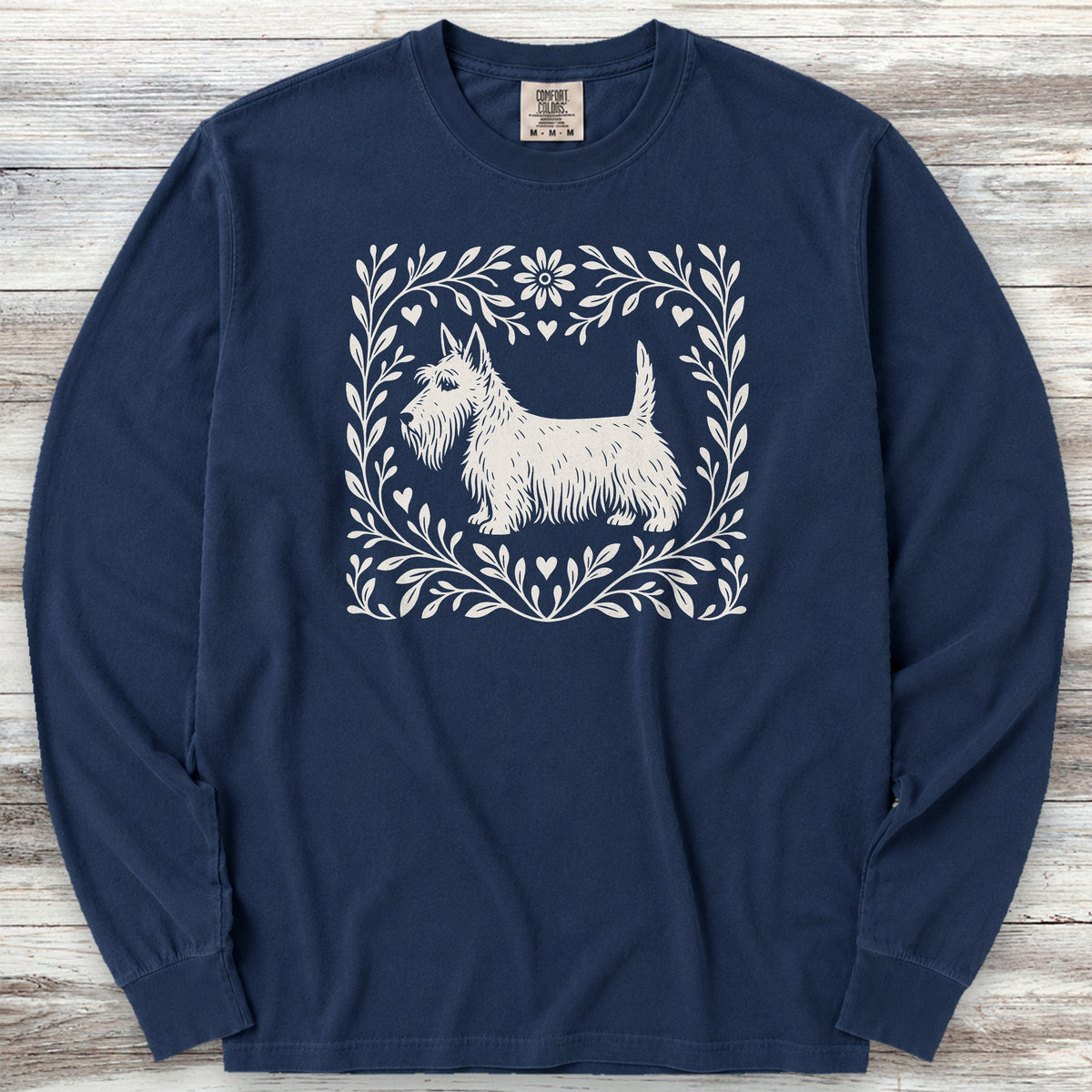 Scottish Terrier Linocut Long Sleeve Tee - True Navy