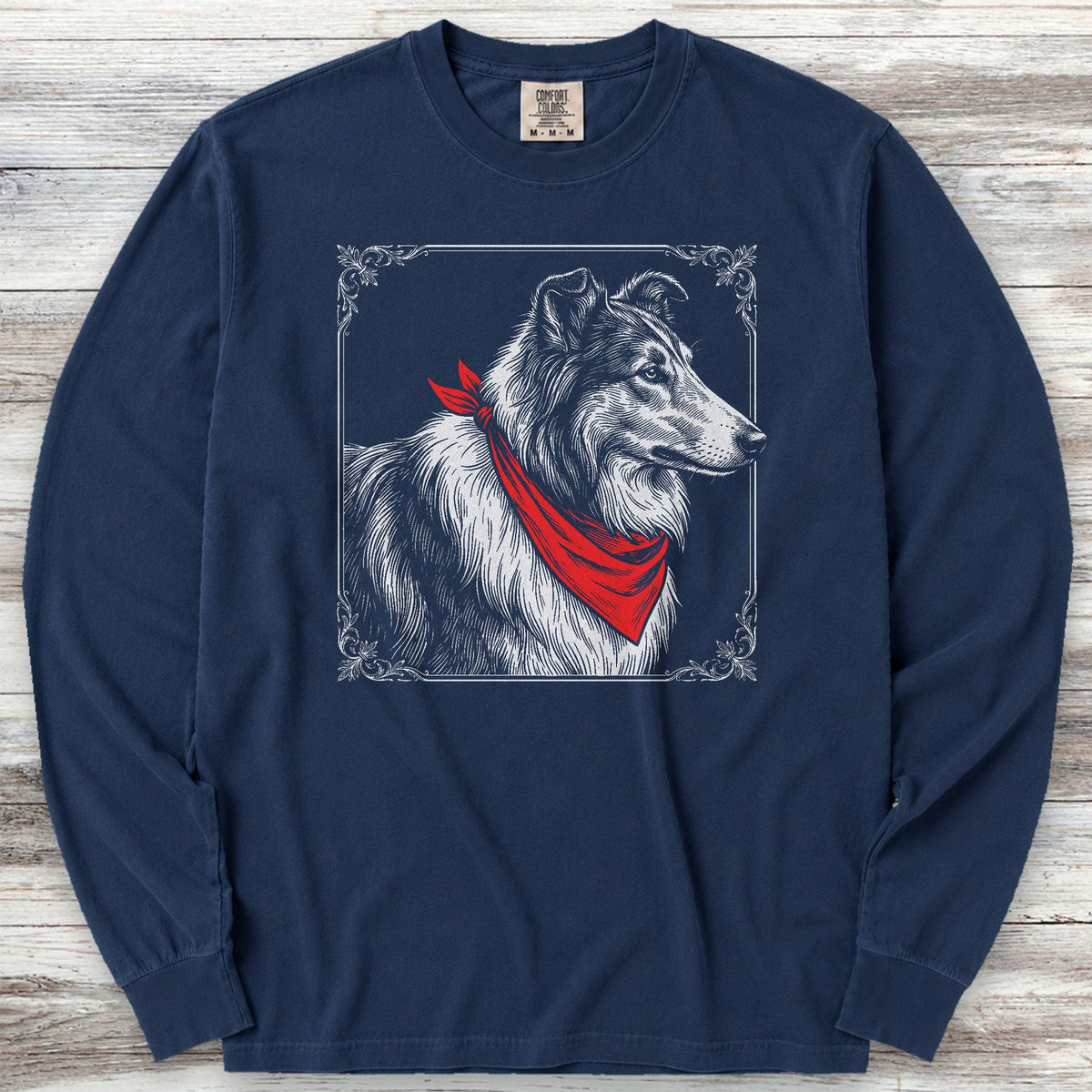 Rough Collie Etching Long Sleeve Tee - True Navy