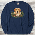 Labrador Retriever Yellow Winter Greenery Faux Embroidery Long Sleeve Tee - True Navy