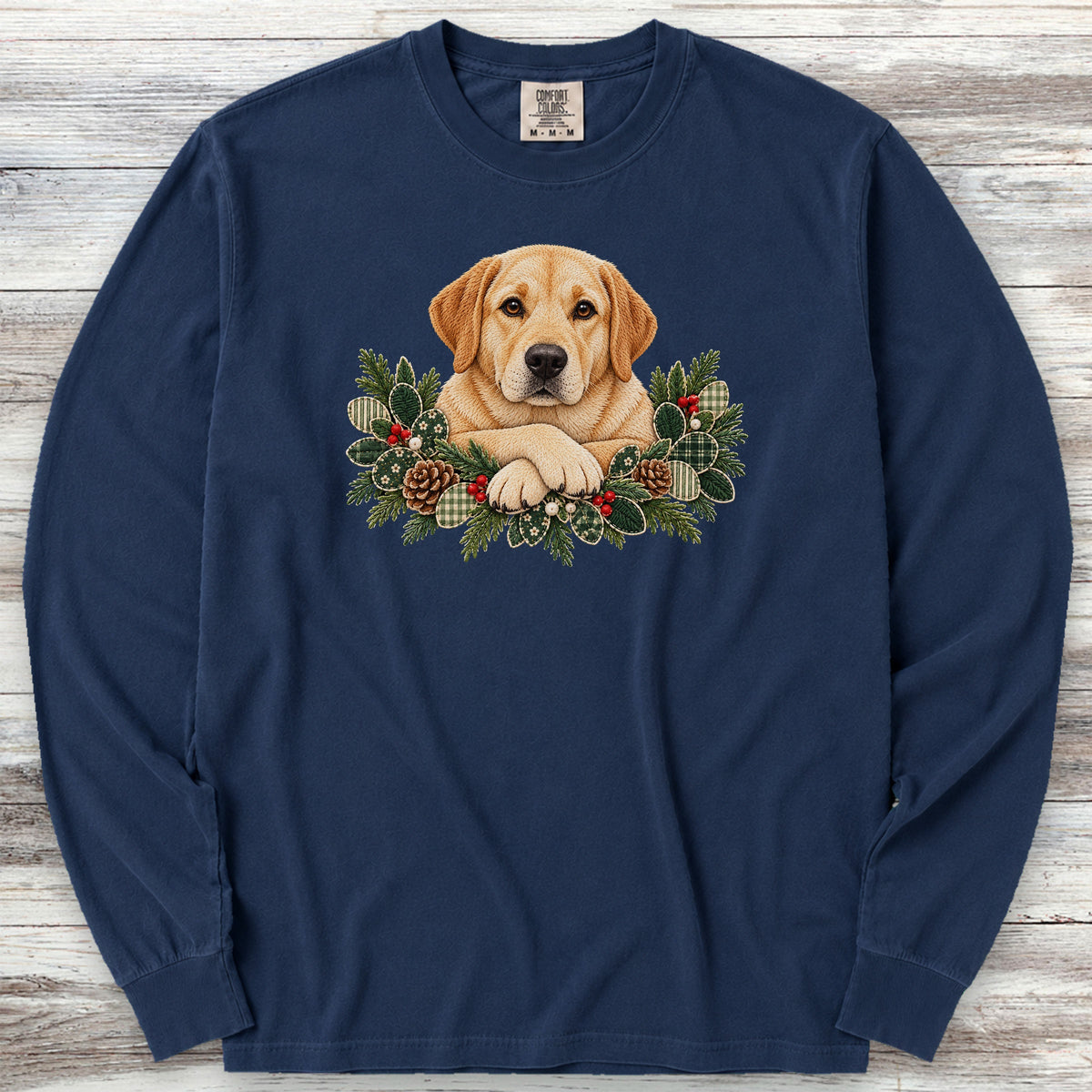Labrador Retriever Yellow Winter Greenery Faux Embroidery Long Sleeve Tee - True Navy
