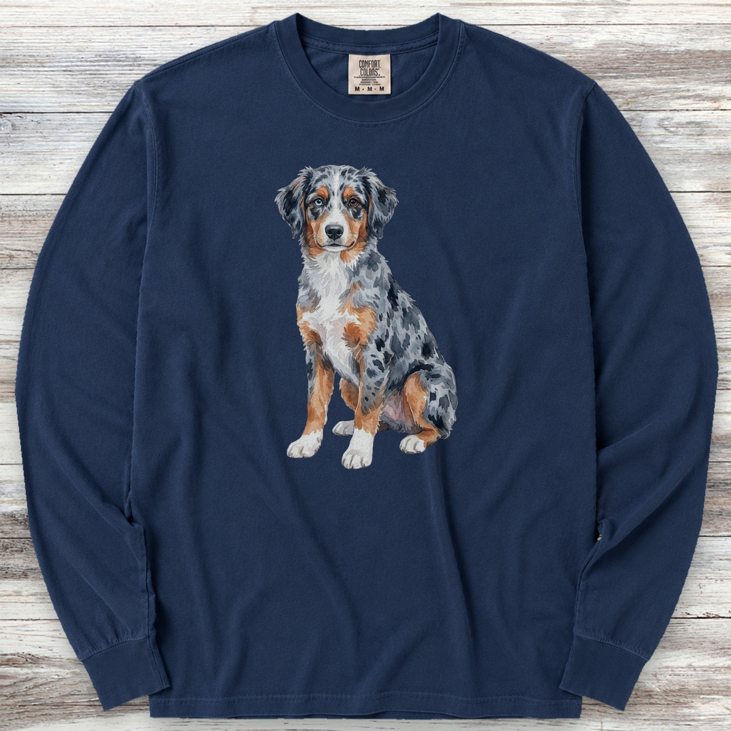 Australian Shepherd Puppy Watercolor Long Sleeve Tee - True Navy
