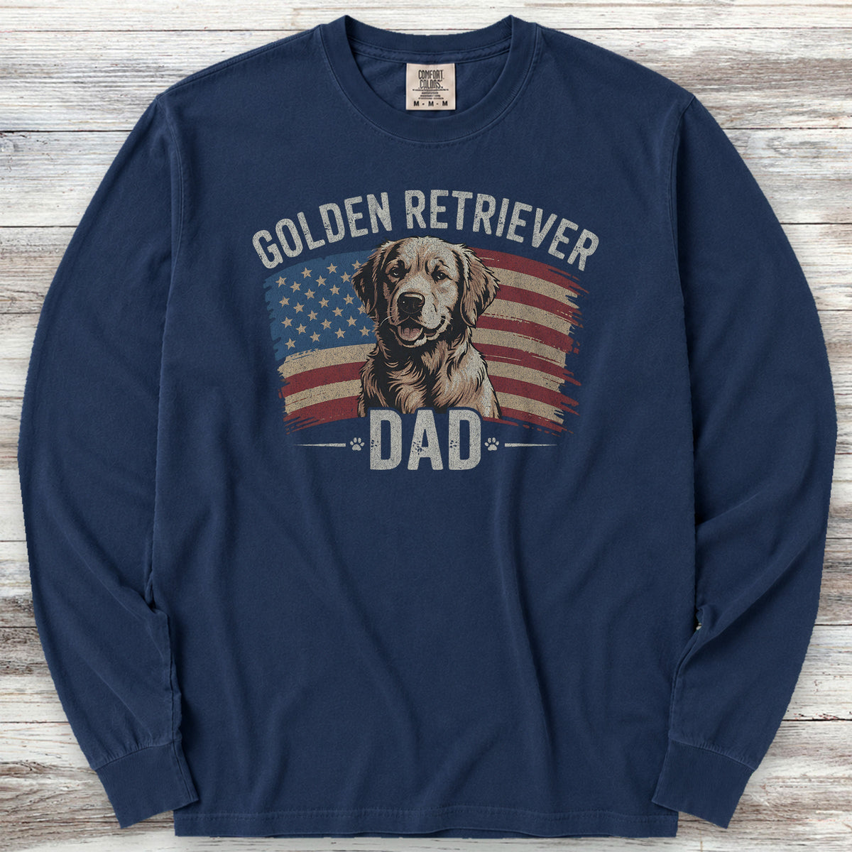 Golden Retriever Dad Flag Long Sleeve Tee - True Navy