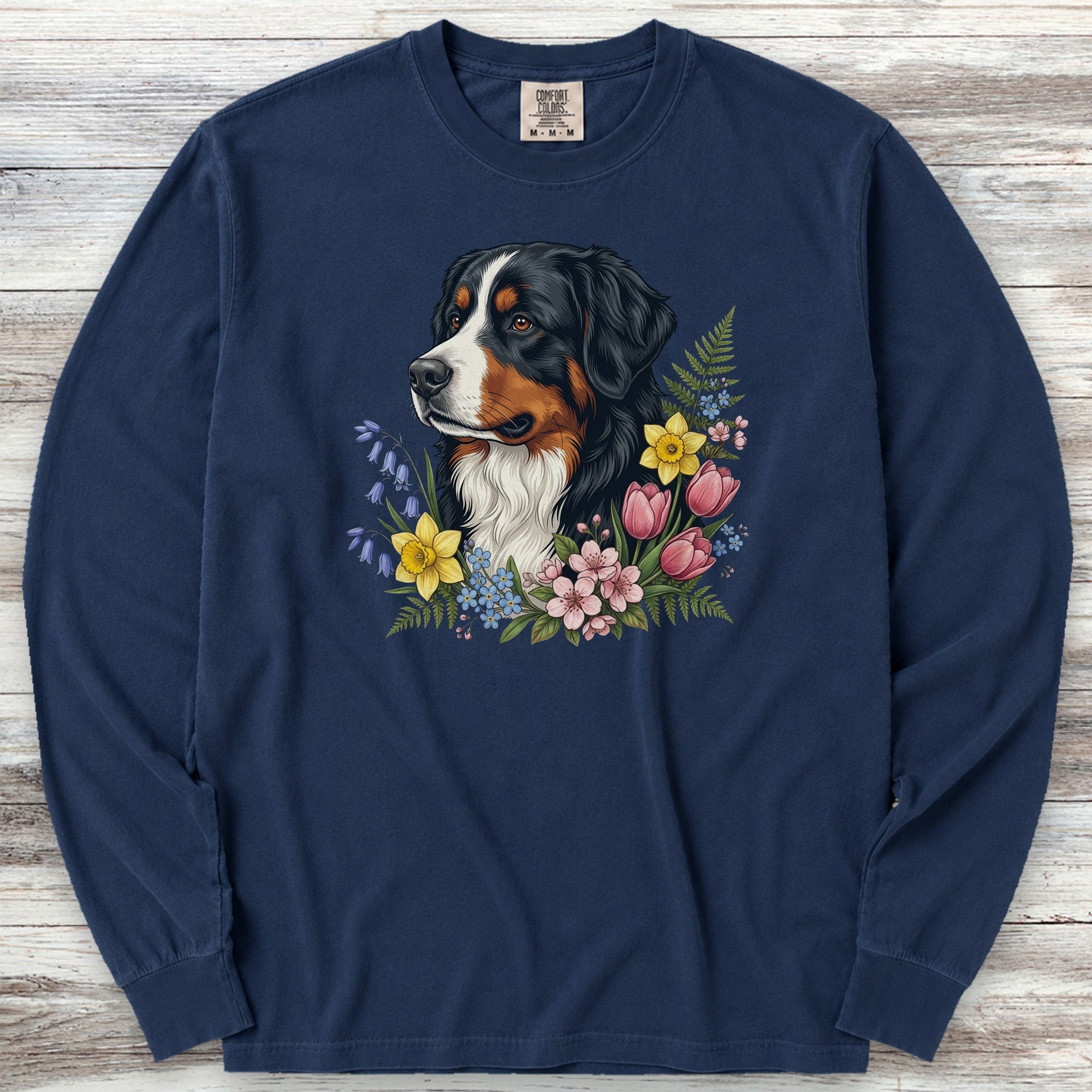 Bernese Mountain Dog Spring Portrait Long Sleeve Tee - True Navy